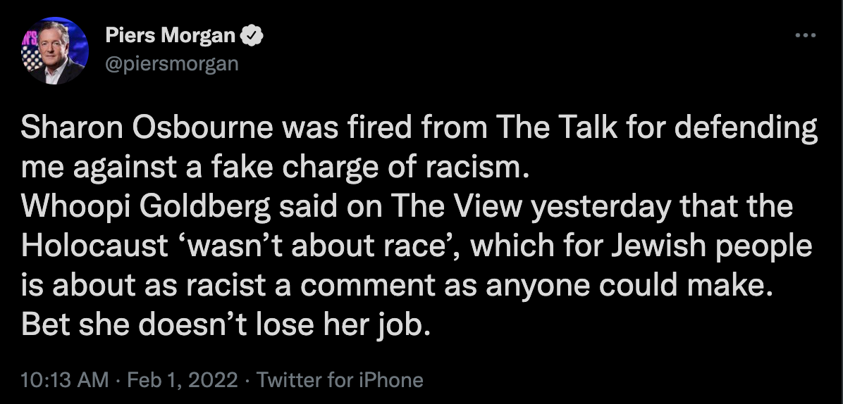 Piers Morgan drew a parallel between a previous incident involving Sharon Osbourne amid the Whoopi Goldberg controversy