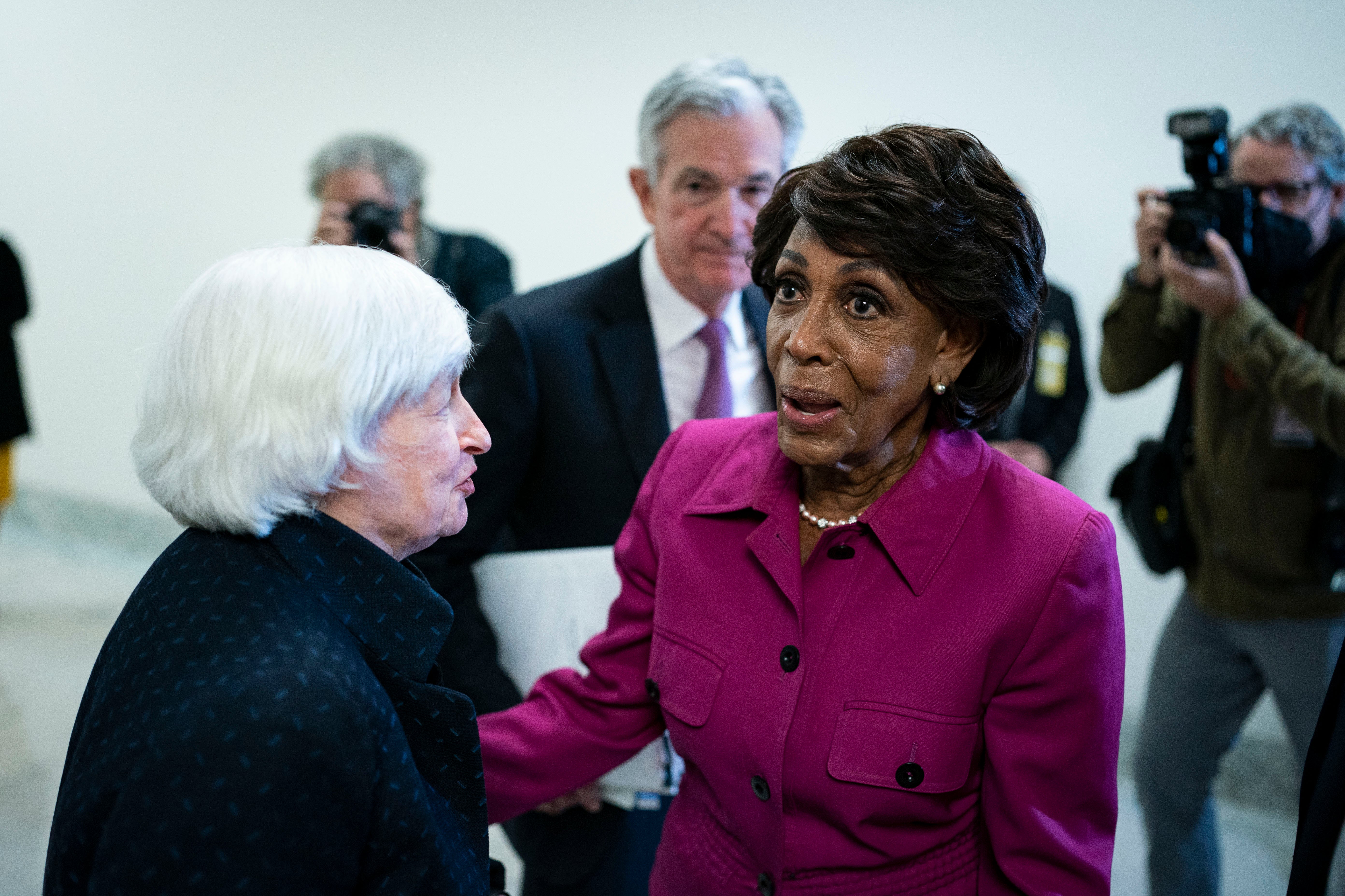 Maxine Waters, a Democrat from California and chairwoman of the House Financial Services Committee, with Janet Yellen, US Treasury secretary, in September 2021