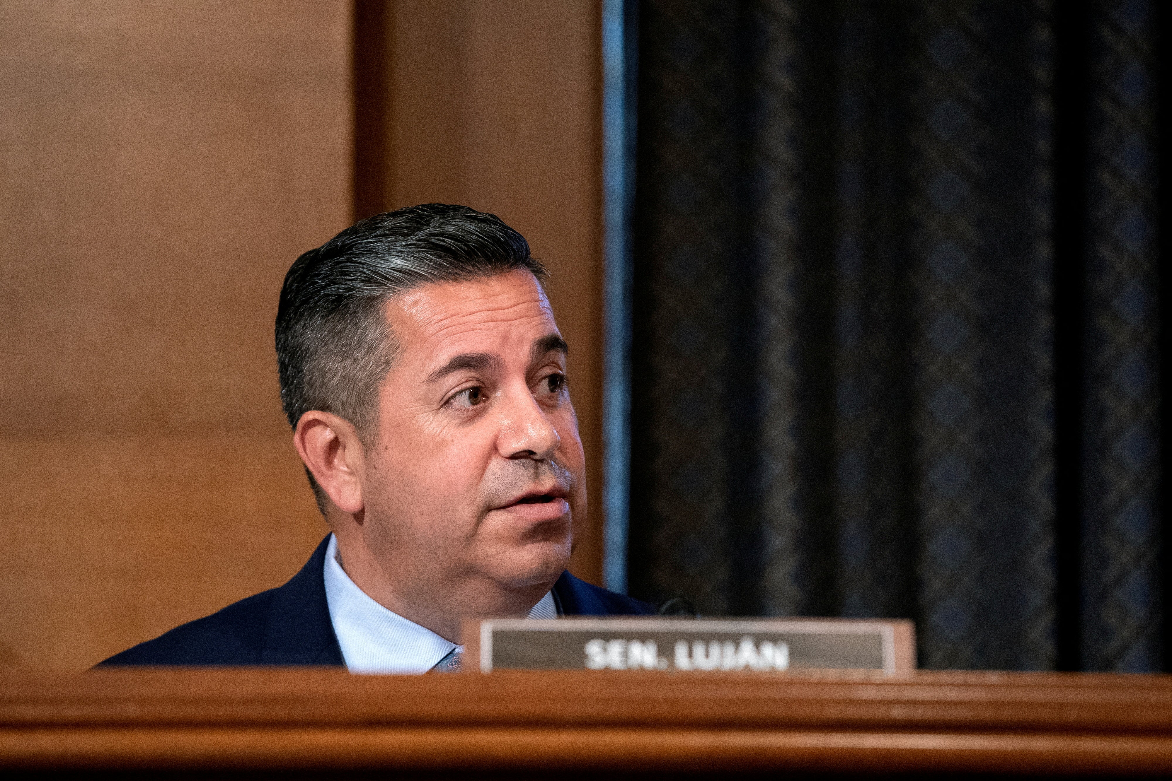 FILE PHOTO: Senator Ben Ray Lujan (D-NM) speaks during a Senate Health, Education, Labor, and Pensions Committee hearing at the Dirksen Senate Office Building in Washington, D.C., U.S., July 20, 2021. Stefani Reynolds/Pool via REUTERS/File Photo