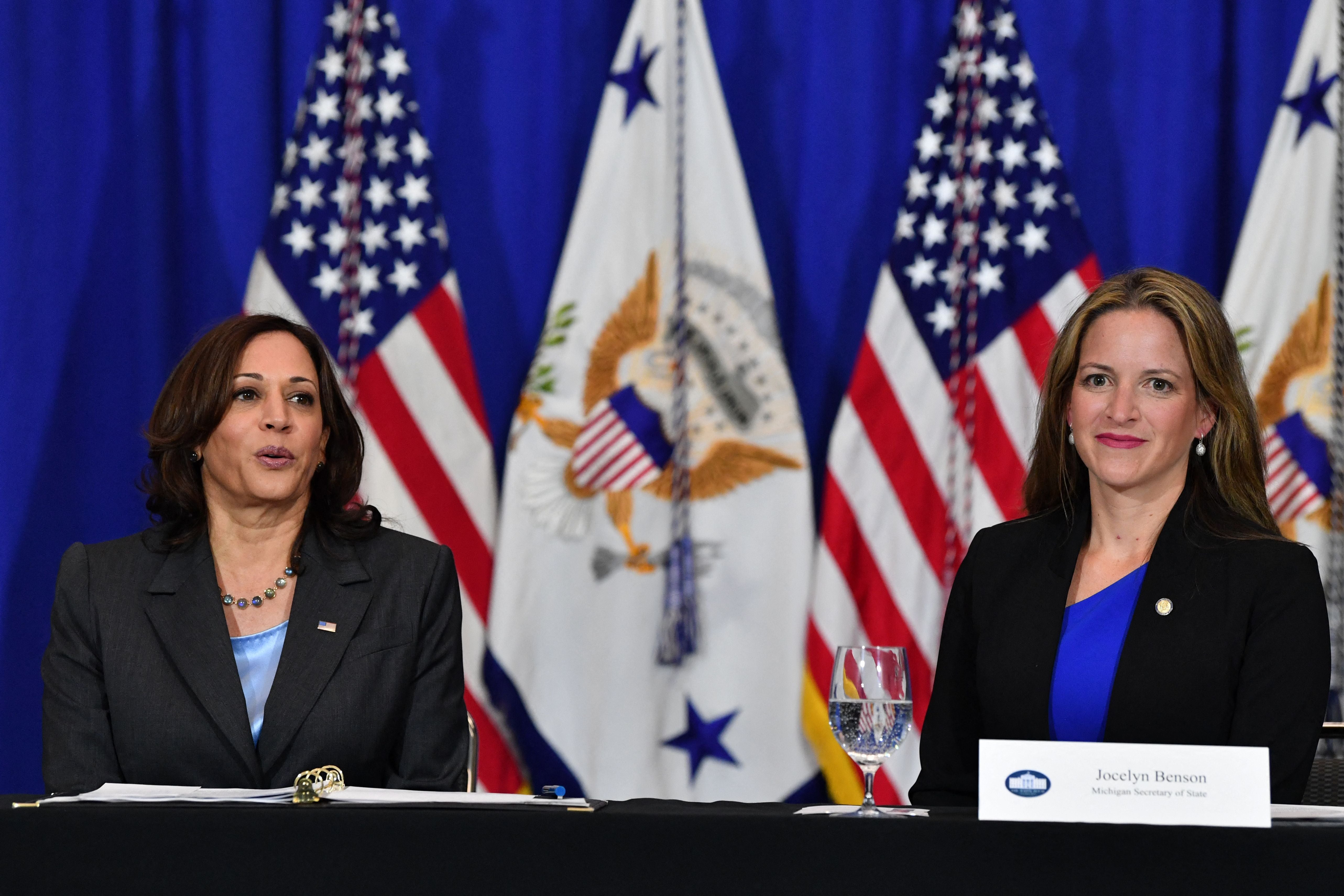 Benson, right, with Vice President Kamala Harris