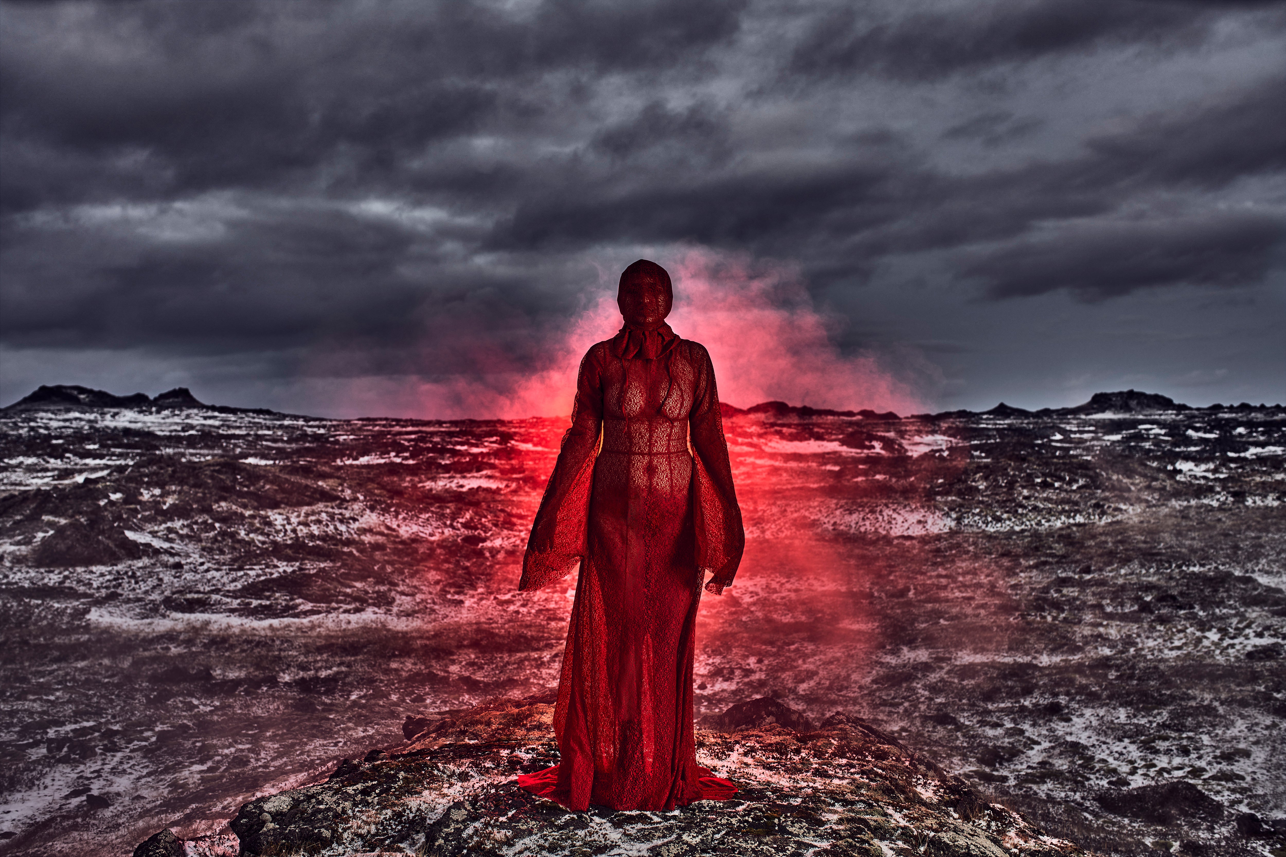 Red smoke and cyclones: the barren landscape of this future dystopian artwork shows the dangers of cyclones and severe weather on a woman’s life, and the red veil alludes to the claustrophobia and isolation women often face during menstruation