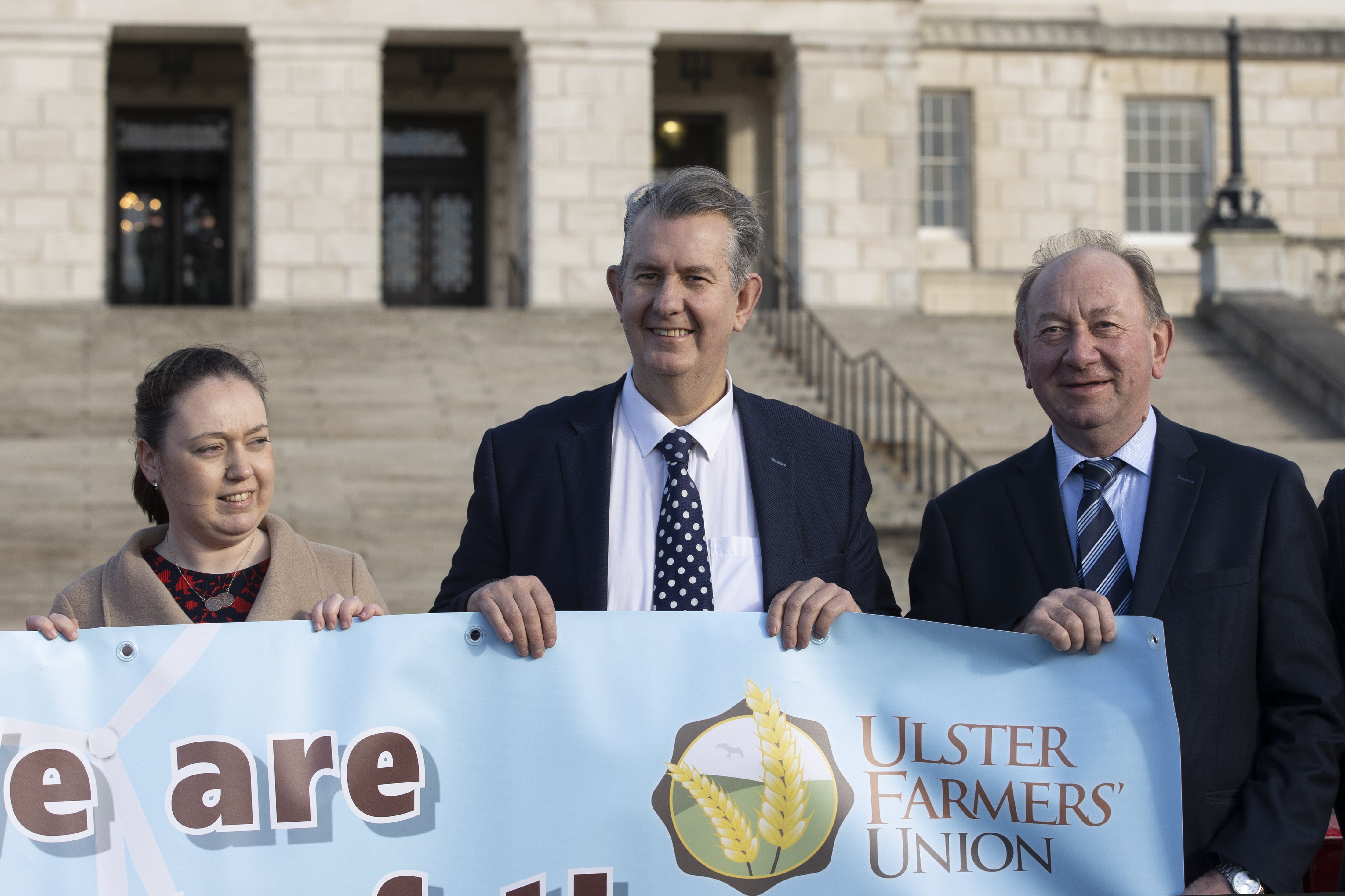 Minister for Agriculture Edwin Poots joins party colleagues at a protest organised by farming representatives against the 2050 net zero target (Liam McBurney/PA)