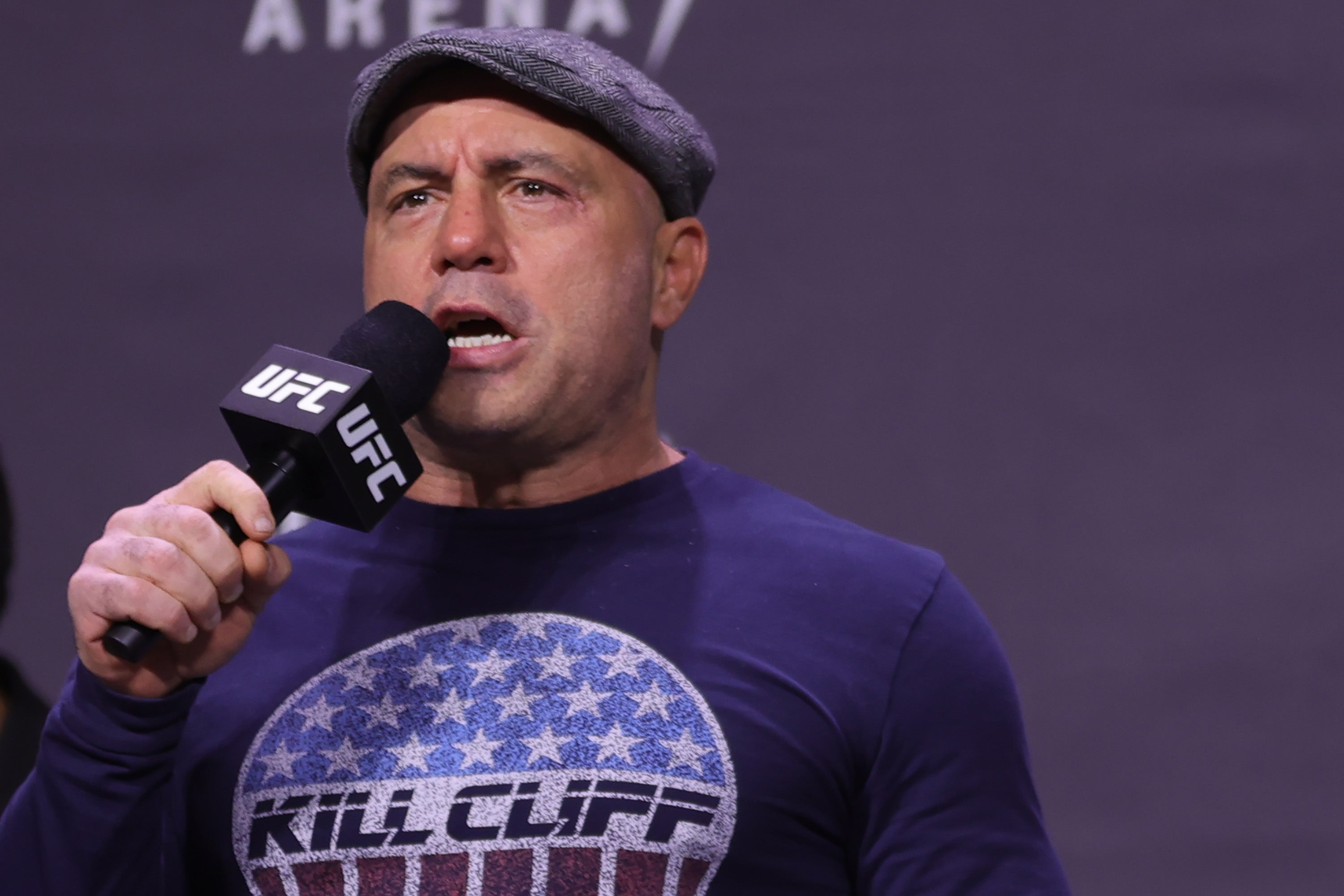 Joe Rogan introduces fighters during the UFC 269 ceremonial weigh-in at MGM Grand Garden Arena on December 10, 2021 in Las Vegas, Nevada.