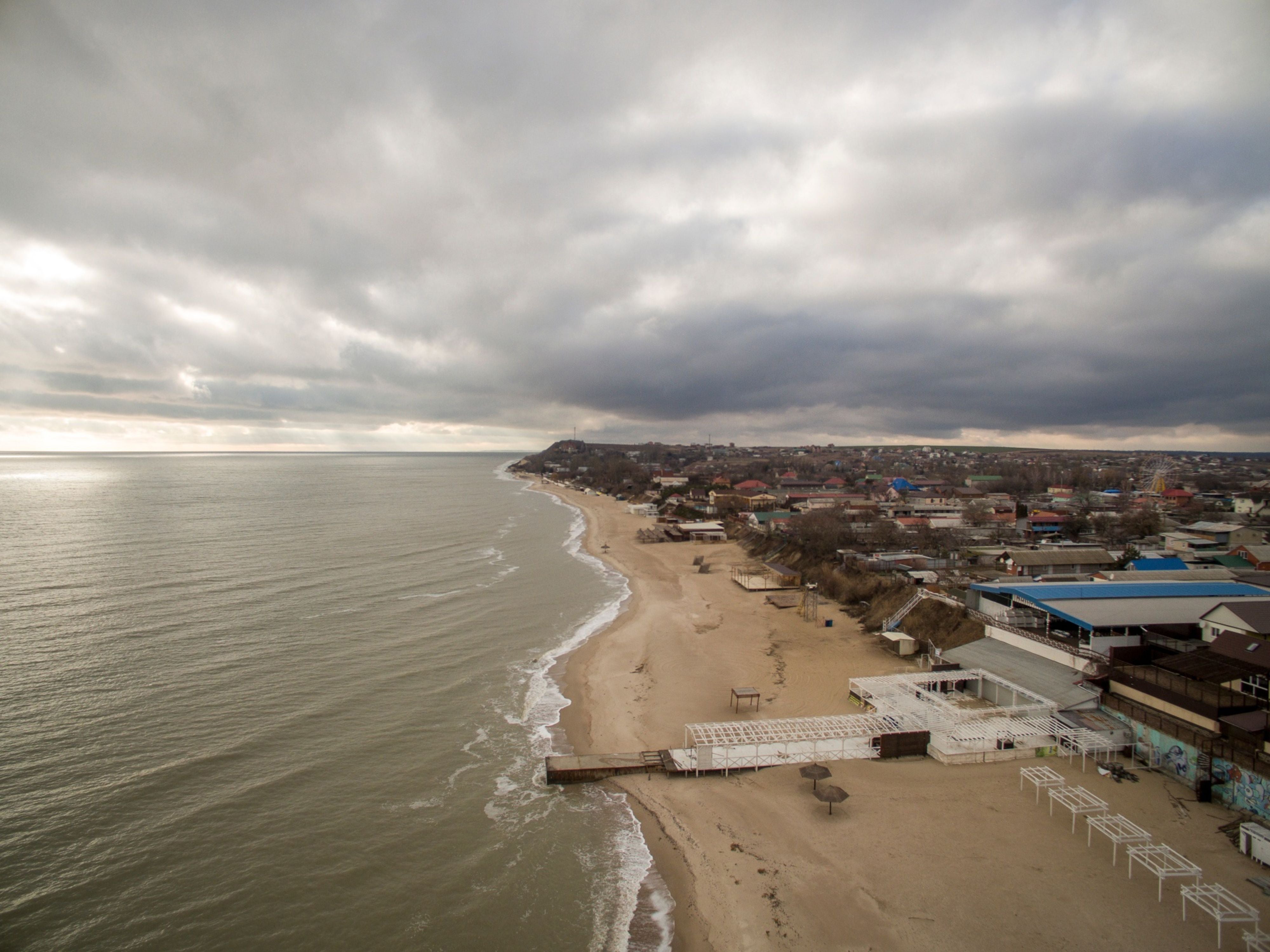 The Sea of Azov shoreline at a beach in Urzuf