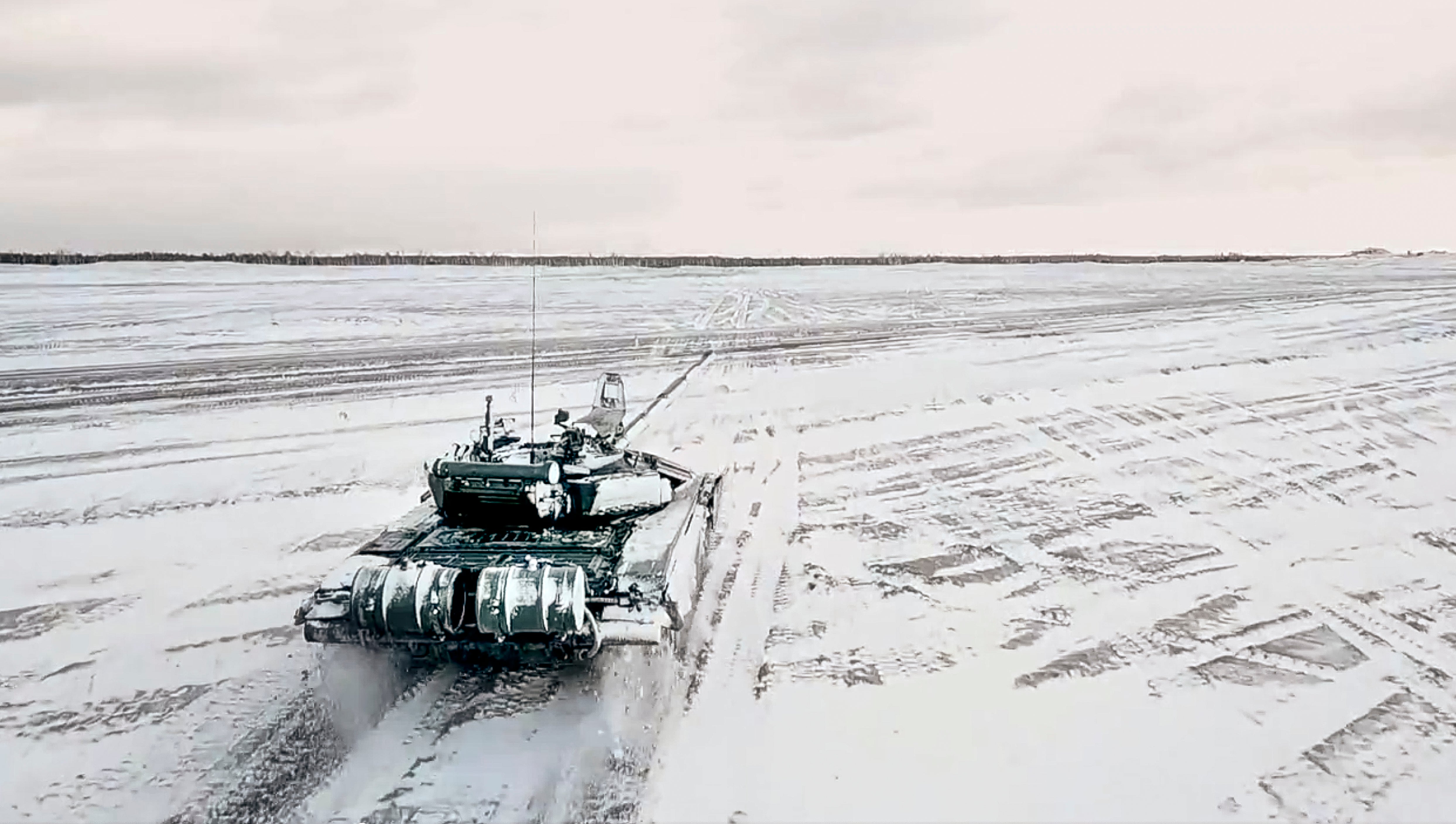 A tank drives during a Russian and Belarusian joint military drills at Brestsky firing range, Belarus.