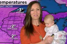Meteorologist applauded for holding her baby mid-broadcast