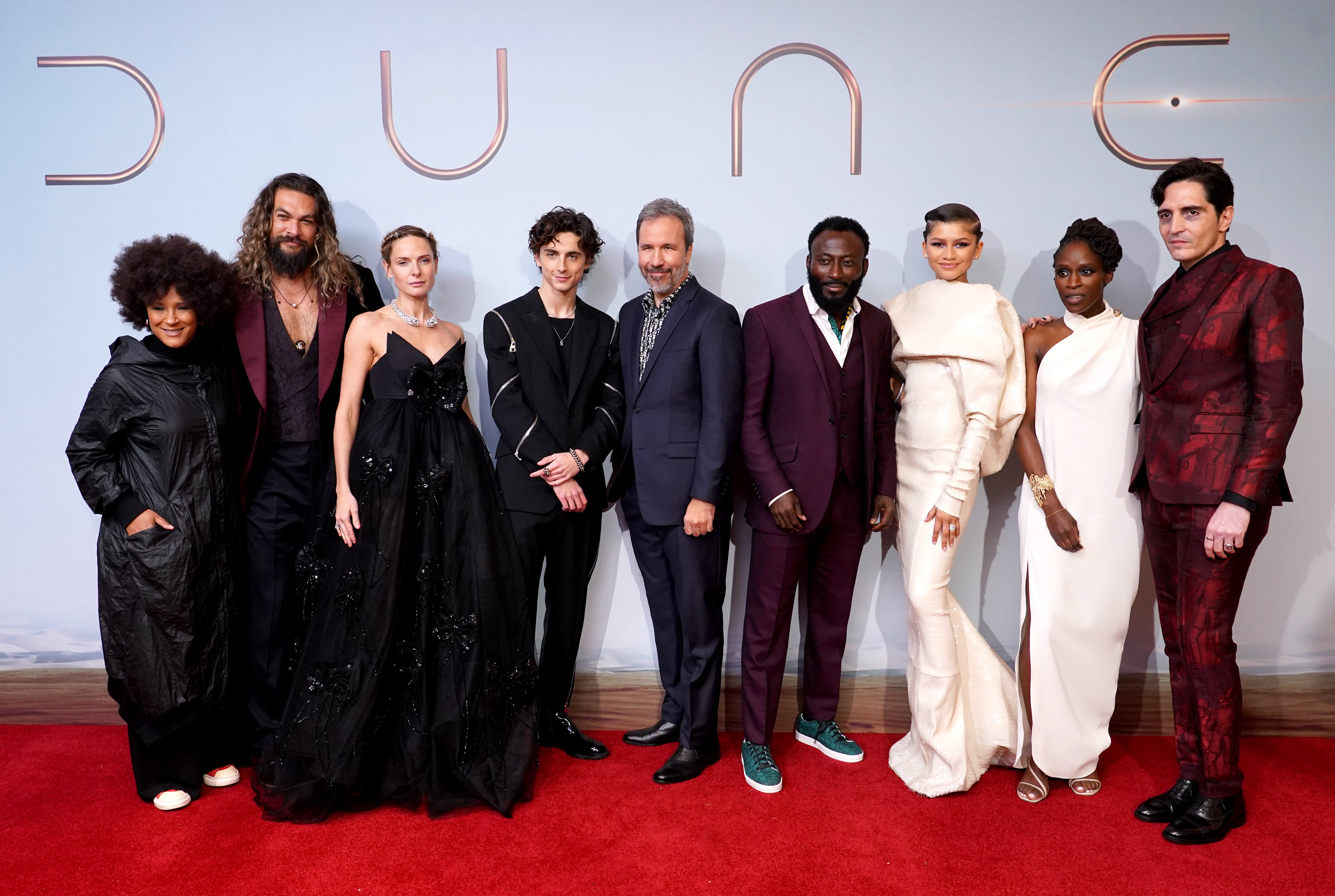 Golda Rosheuvel, left to right, Jason Momoa, Rebecca Ferguson, Timothee Chalamet, Denis Villeneuve, Babs Olusanmokun, Zendaya, Sharon Duncan-Brewster and David Dastmalchian attend a screening of Dune (Ian West/PA)