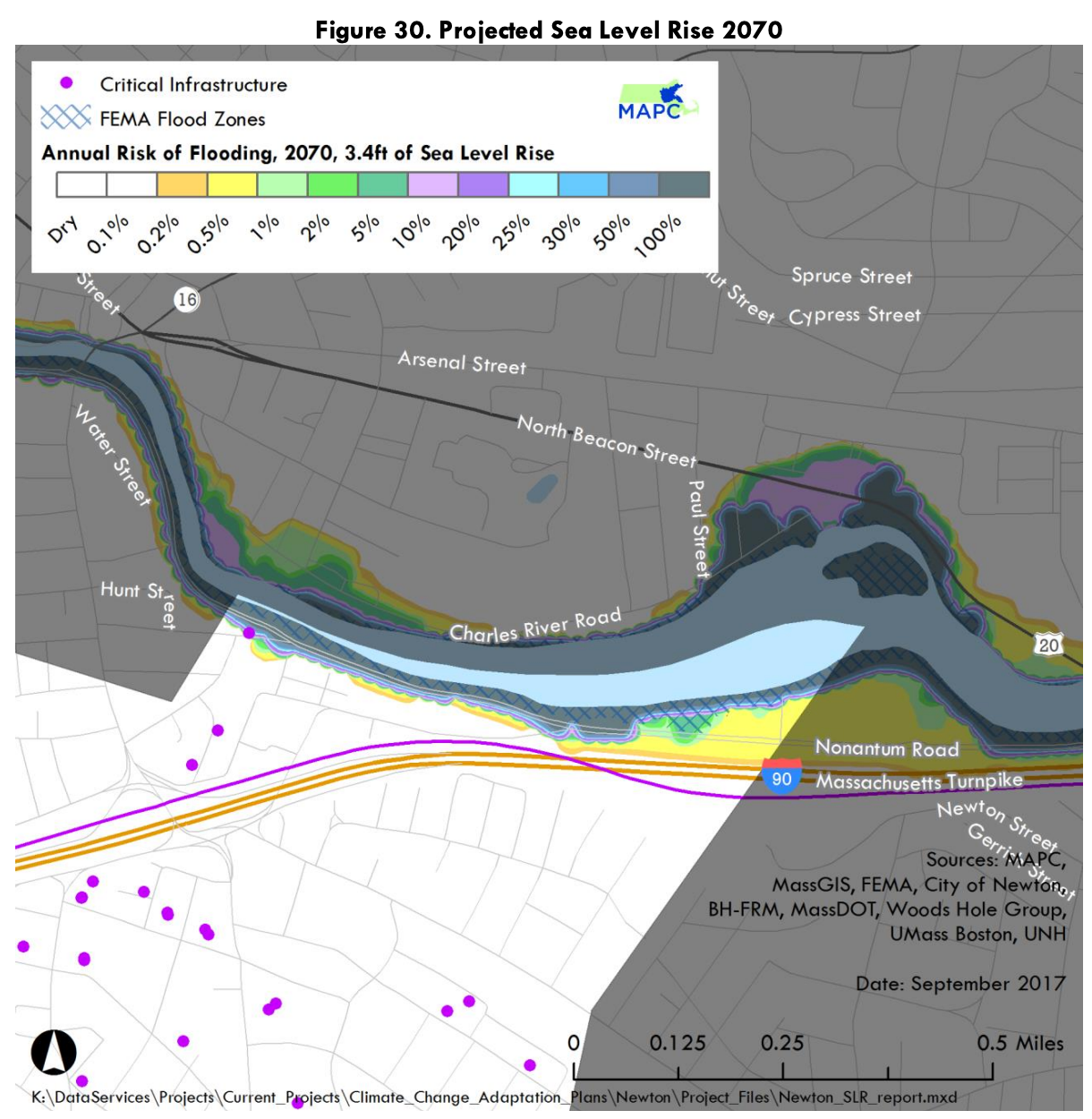 Annual risk of flooding by 2070 in Newton, Massachusetts