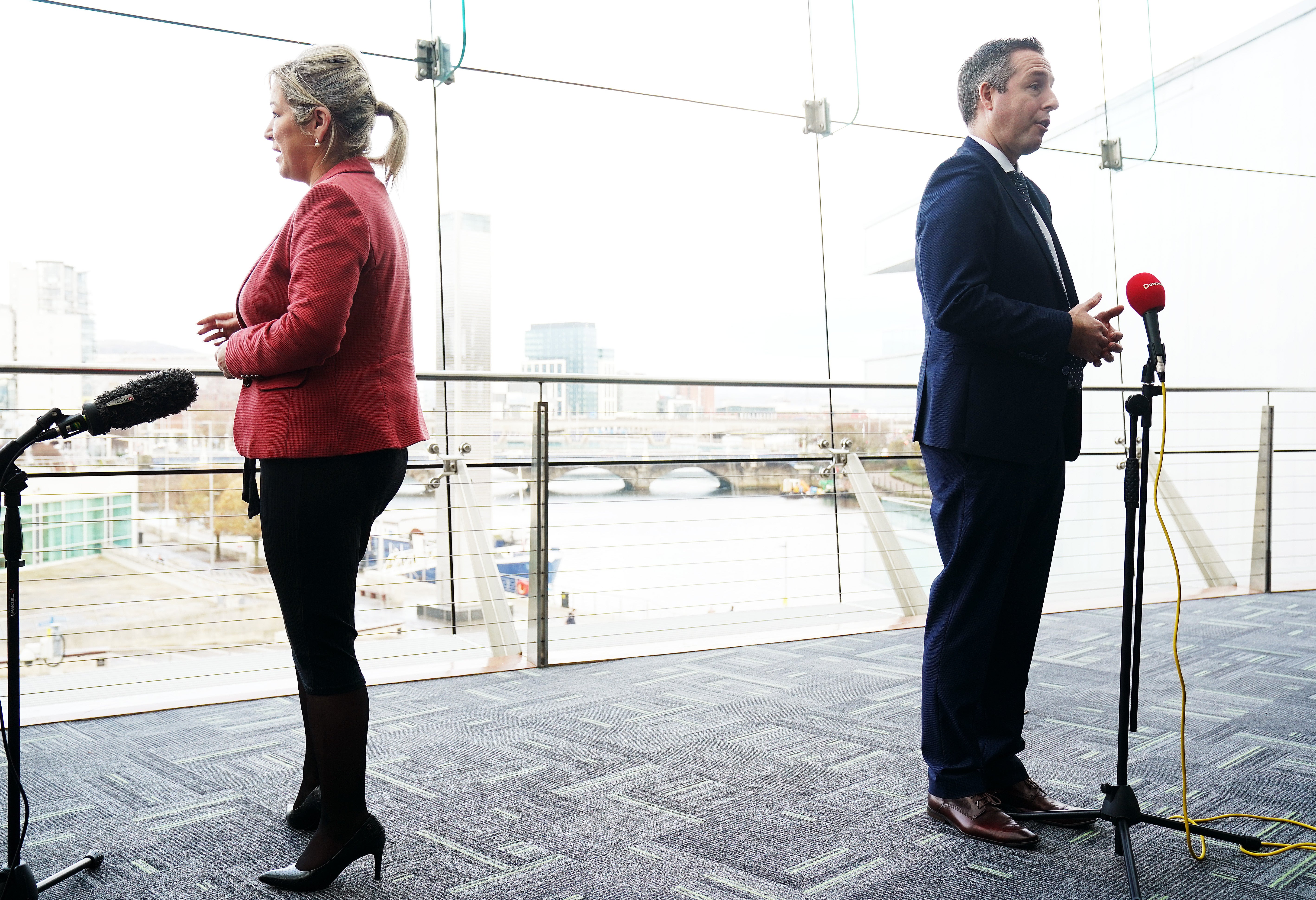 Deputy First Minister Michelle O’Neill and Northern Ireland First Minister Paul Givan speaking to the media at the ICC in Belfast following the signing of the Belfast Region City Deal in December (Brian Lawless/PA)