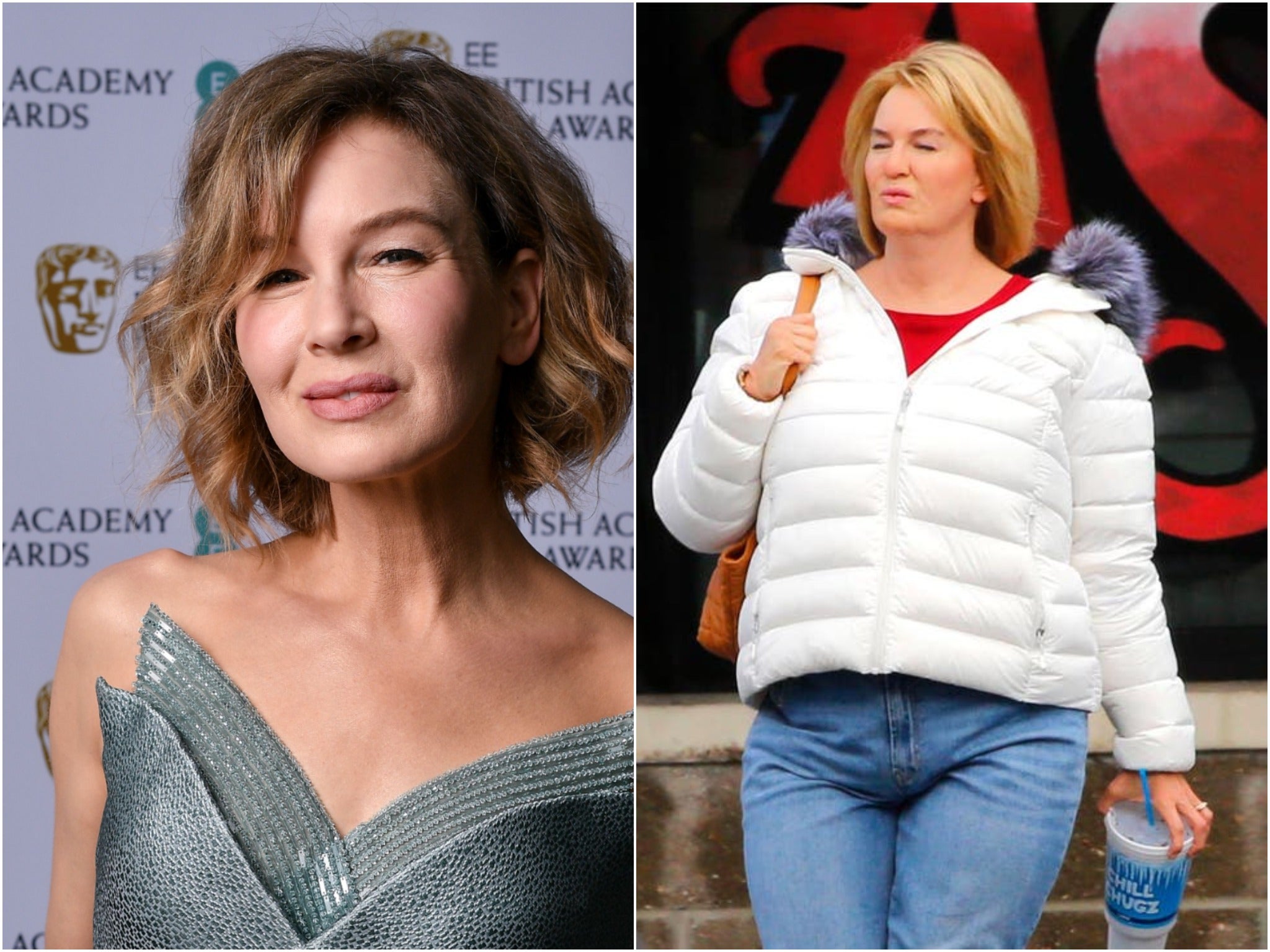 Renée Zellweger is seen on the red carpet (left) and unrecognisable as Pamela Hupp in the Hulu series The Thing About Pam