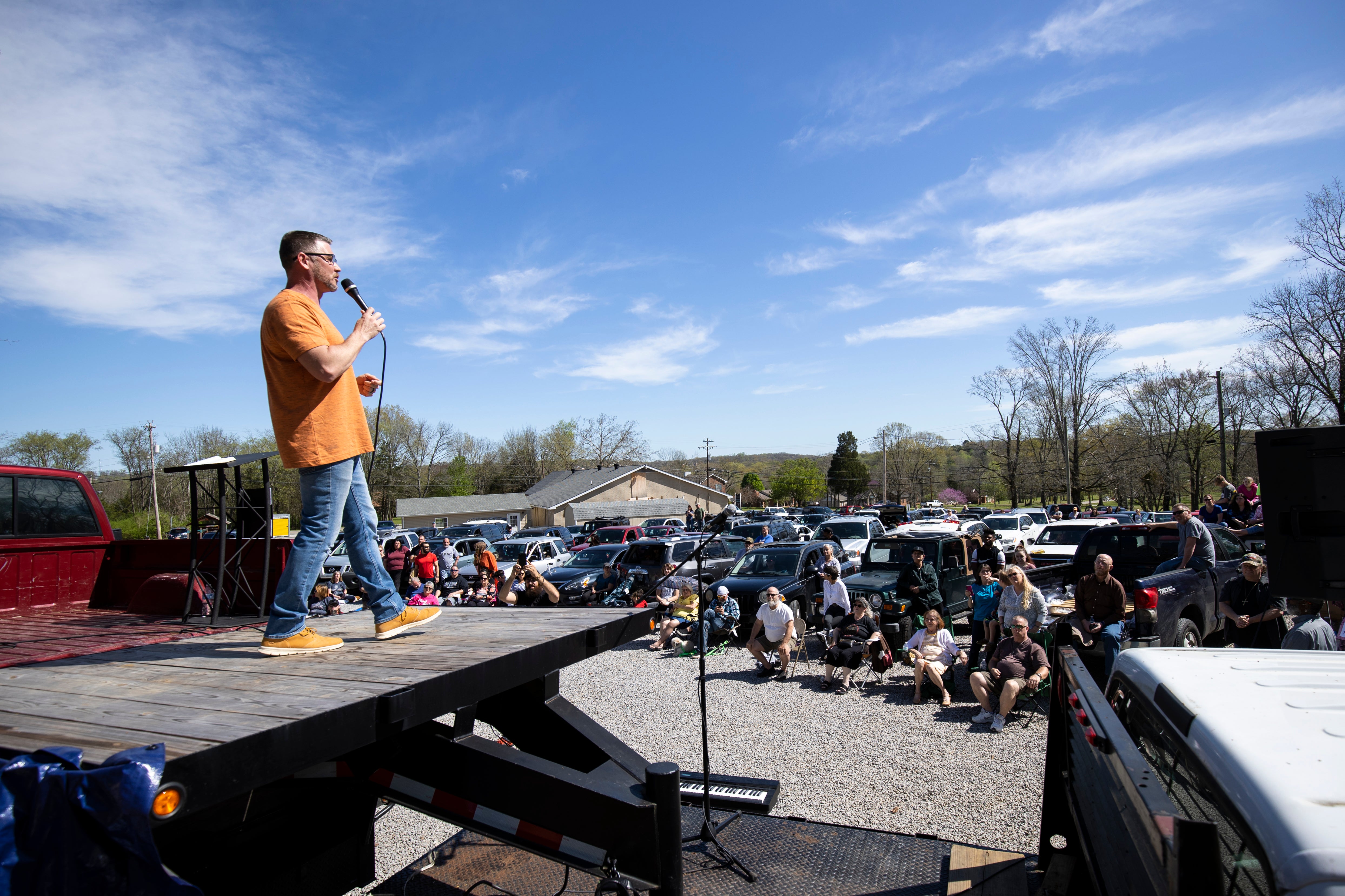 Pastor Greg Locke of Global Vision Bible Church holds services in the church parking lot on March 29, 2020 in Mount Juliet, Tennessee.