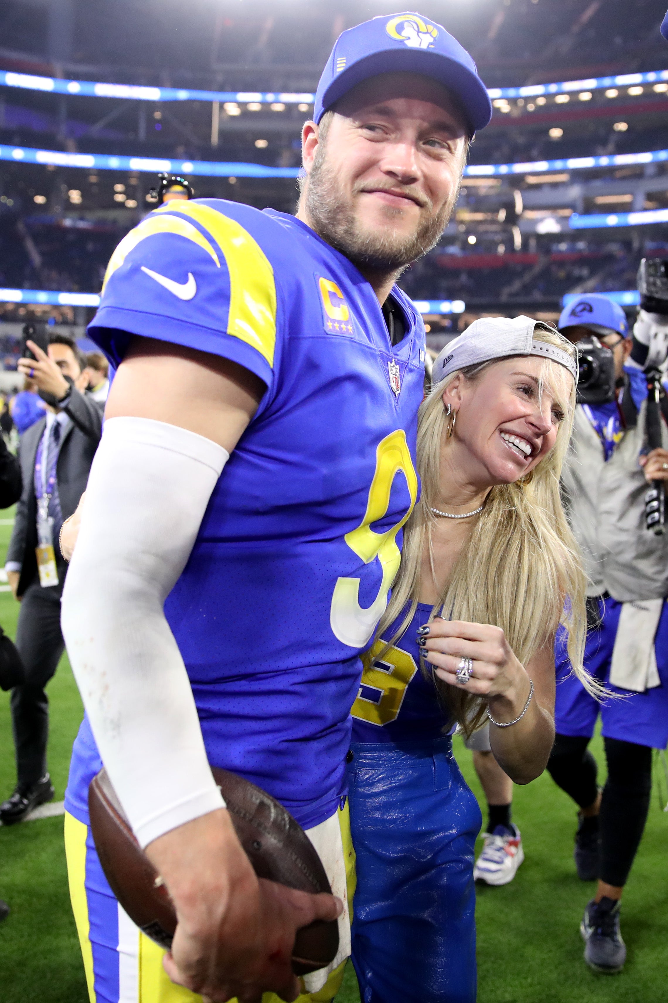 Matthew Stafford and Kelly Stafford react after the Rams defeat the San Francisco 49ers in the NFC Championship Game on 30 January 2022 in Inglewood, California