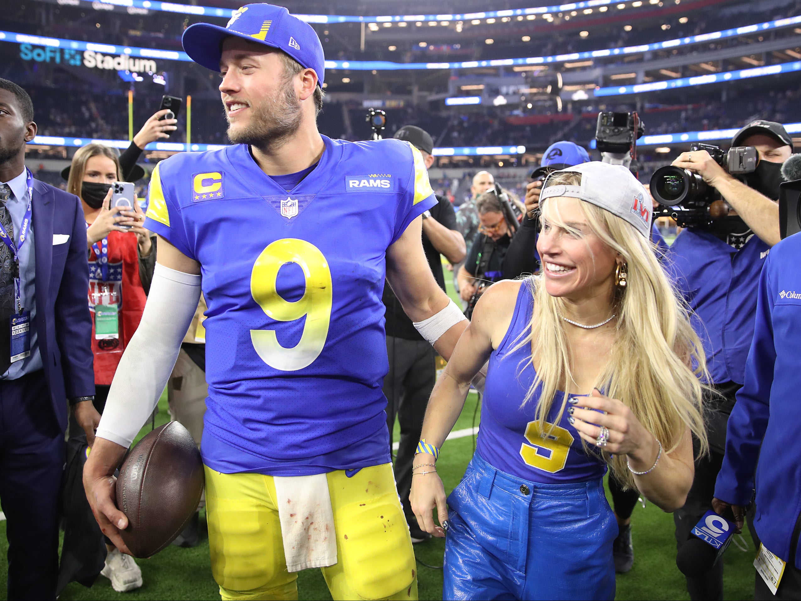 Matthew Stafford and his wife Kelly celebrate a Los Angeles Rams’ win on 30 January 2022