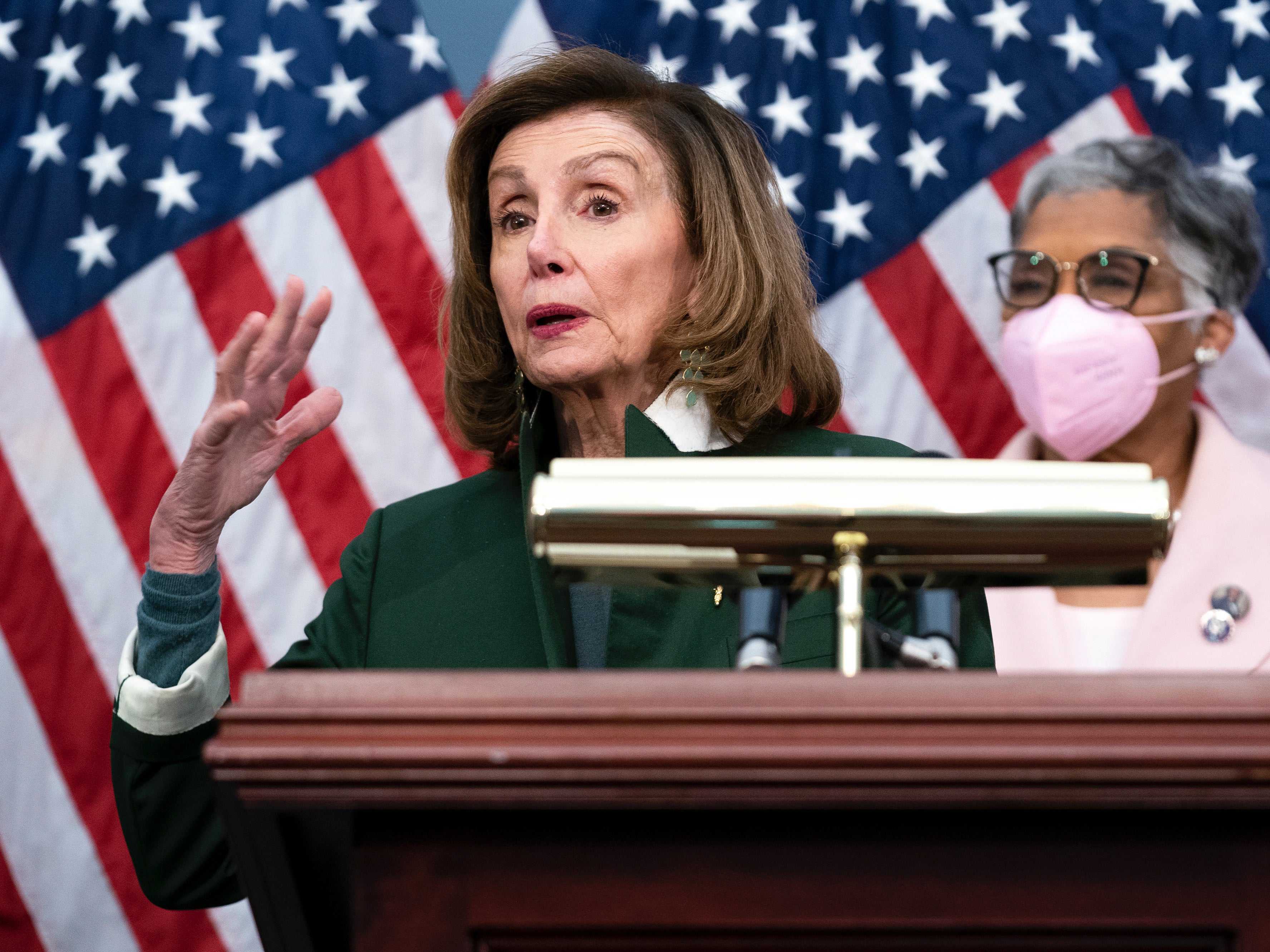 Democrat House Speaker Nancy Pelosi speaking on Thursday