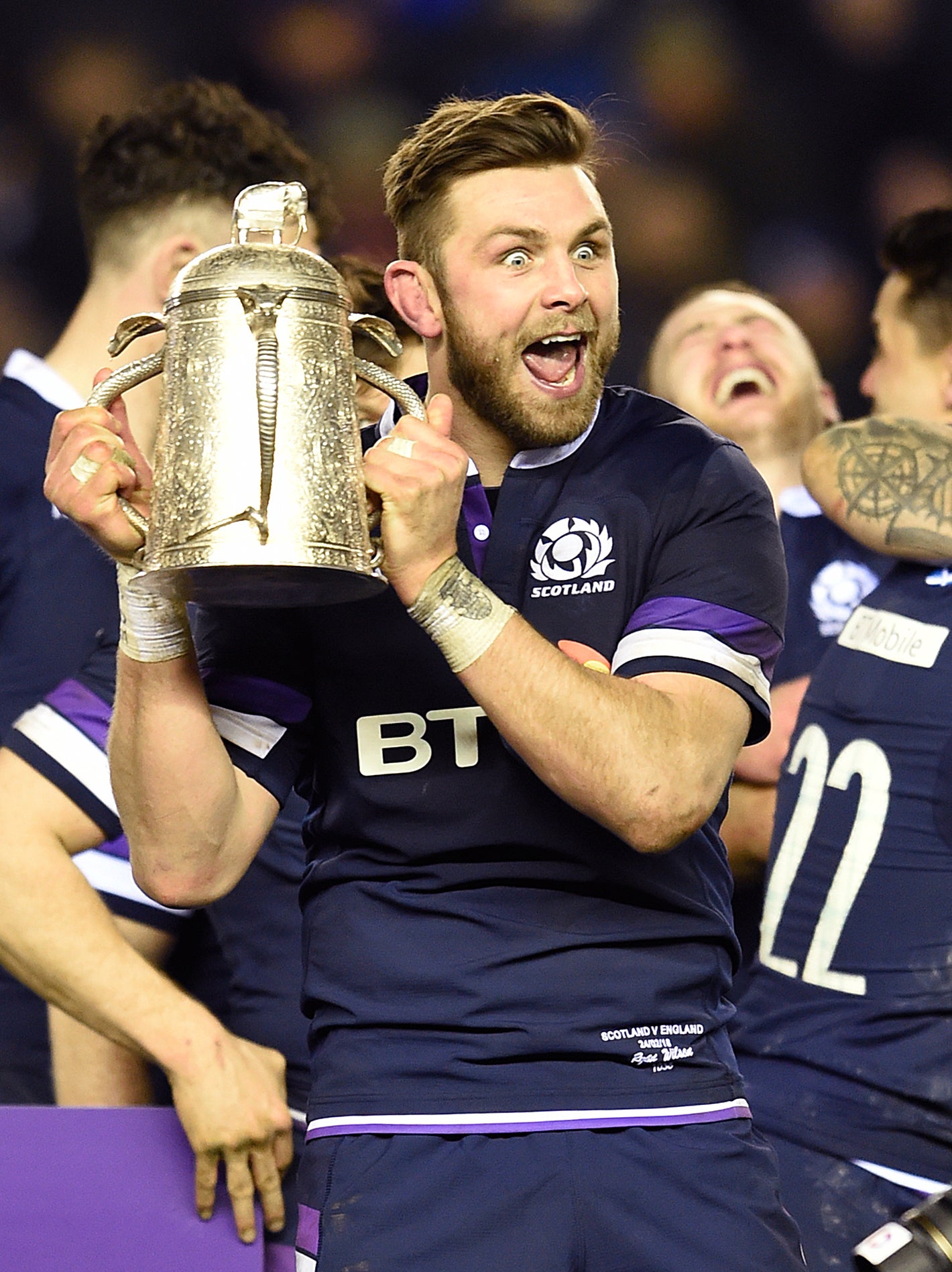 Ryan Wilson, pictured, celebrates winning the Calcutta Cup just two hours after taunting George Ford (Ian Rutherford/PA)