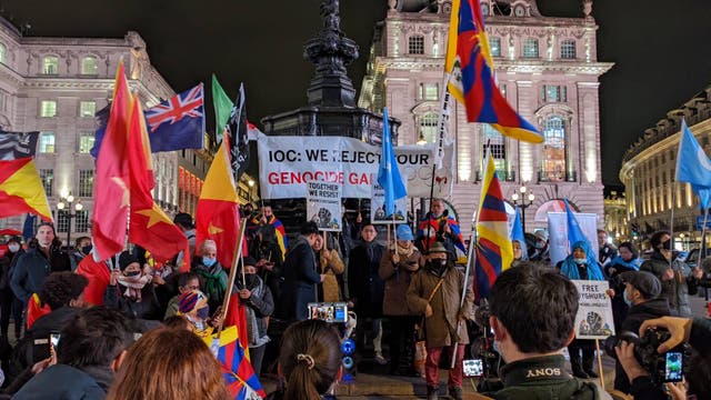<p>Demonstrators gather in central London to protest against the Beijing Winter Olympics, 3 February 2022 </p>