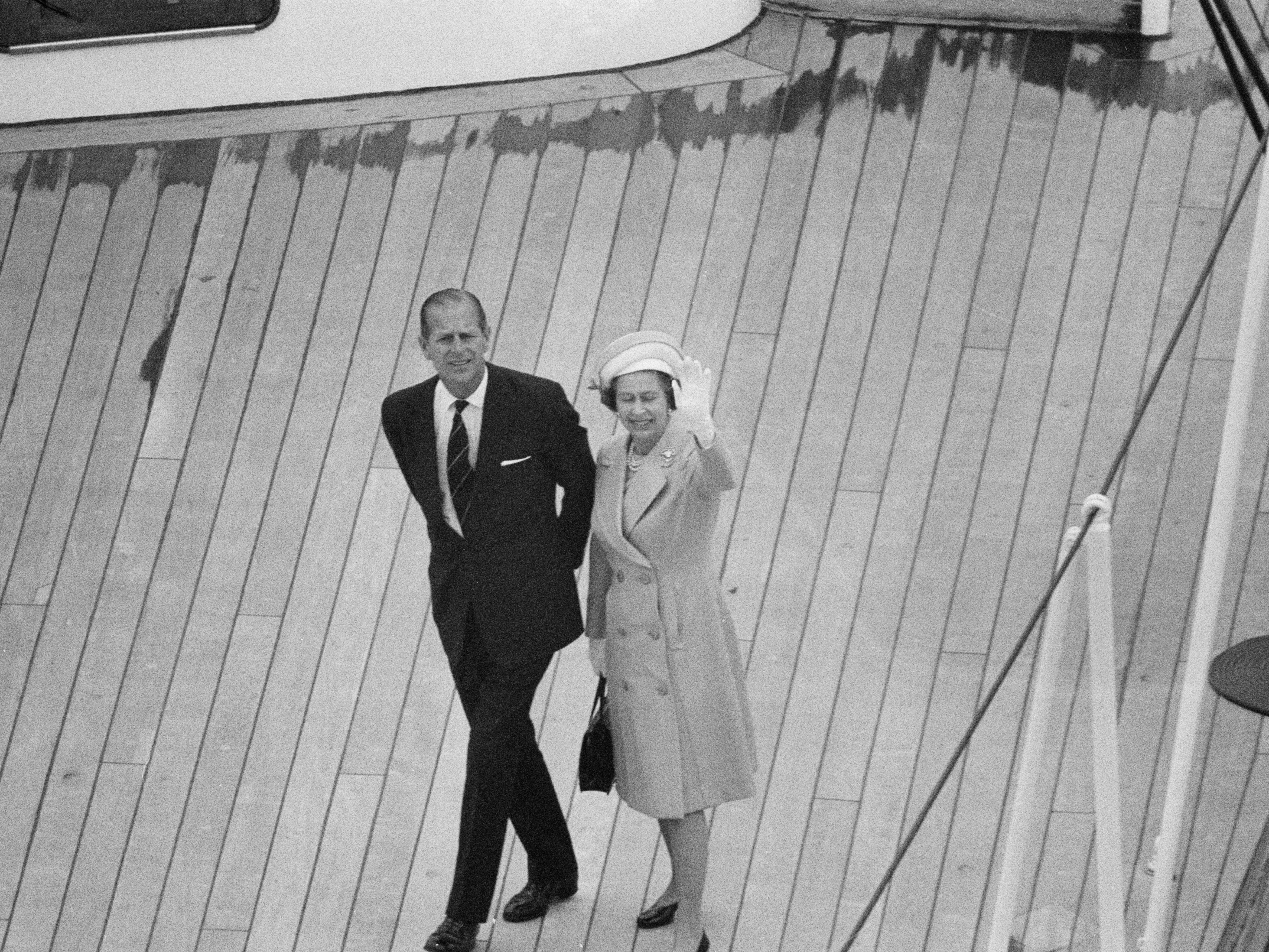 Queen Elizabeth II and Prince Philip during the Royal Progress trip via boat down the River Thames from Greenwich to Lambeth