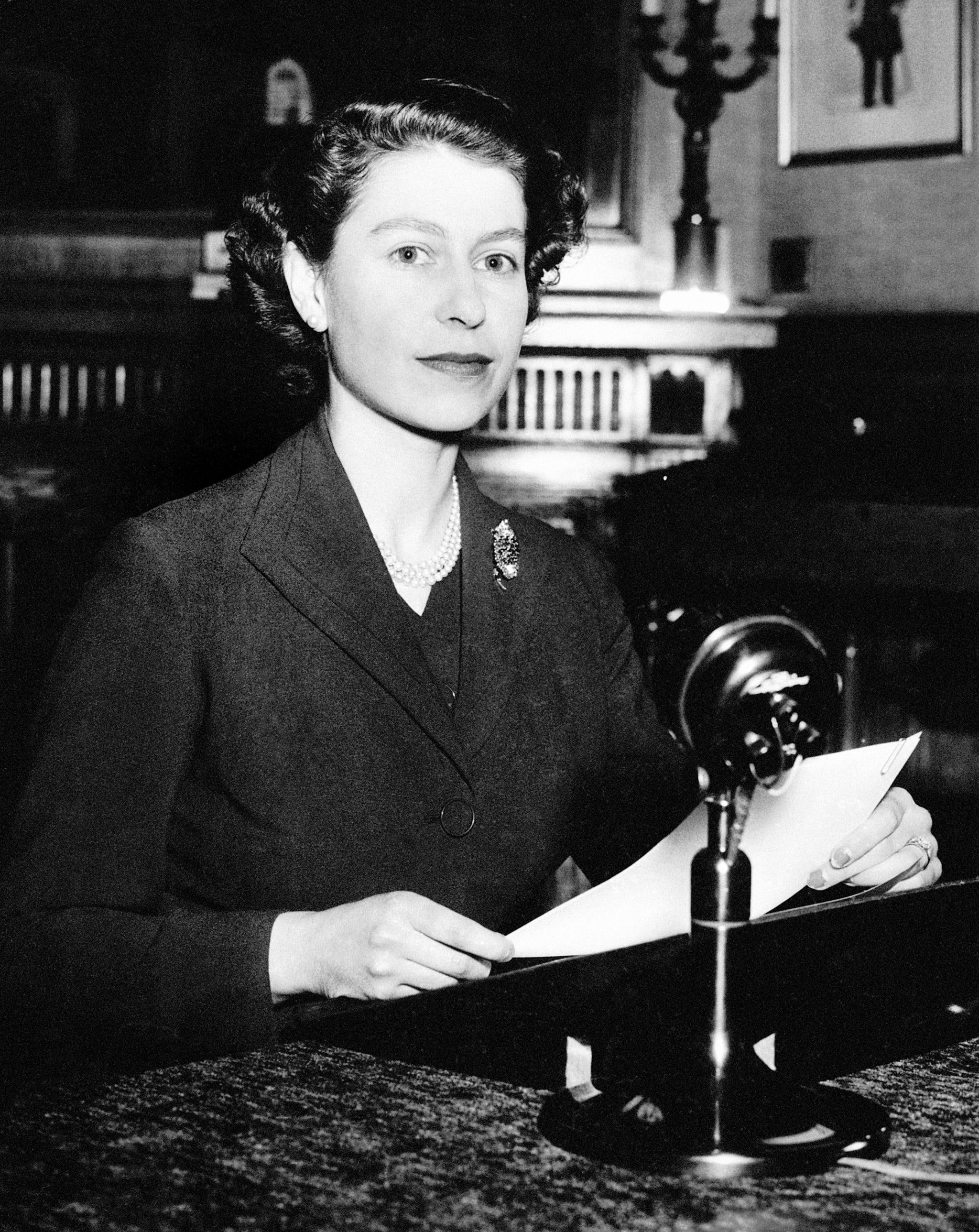 The Queen during her first Christmas broadcast in 1952