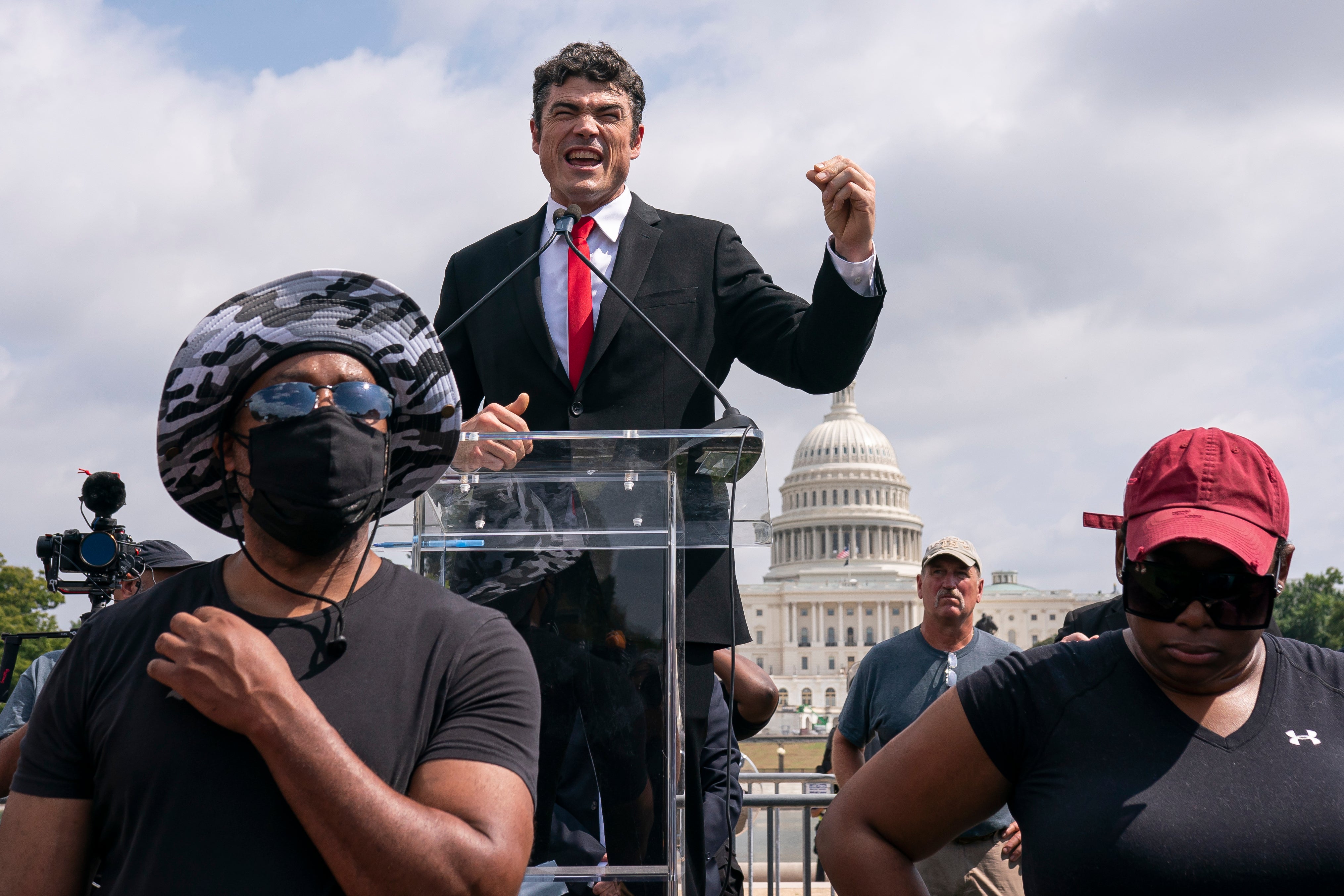 Joe Kent, a GOP challenger to Jaime Herrera Beutler, speaks at a ‘Justice For J6 rally’ near the US Capitol