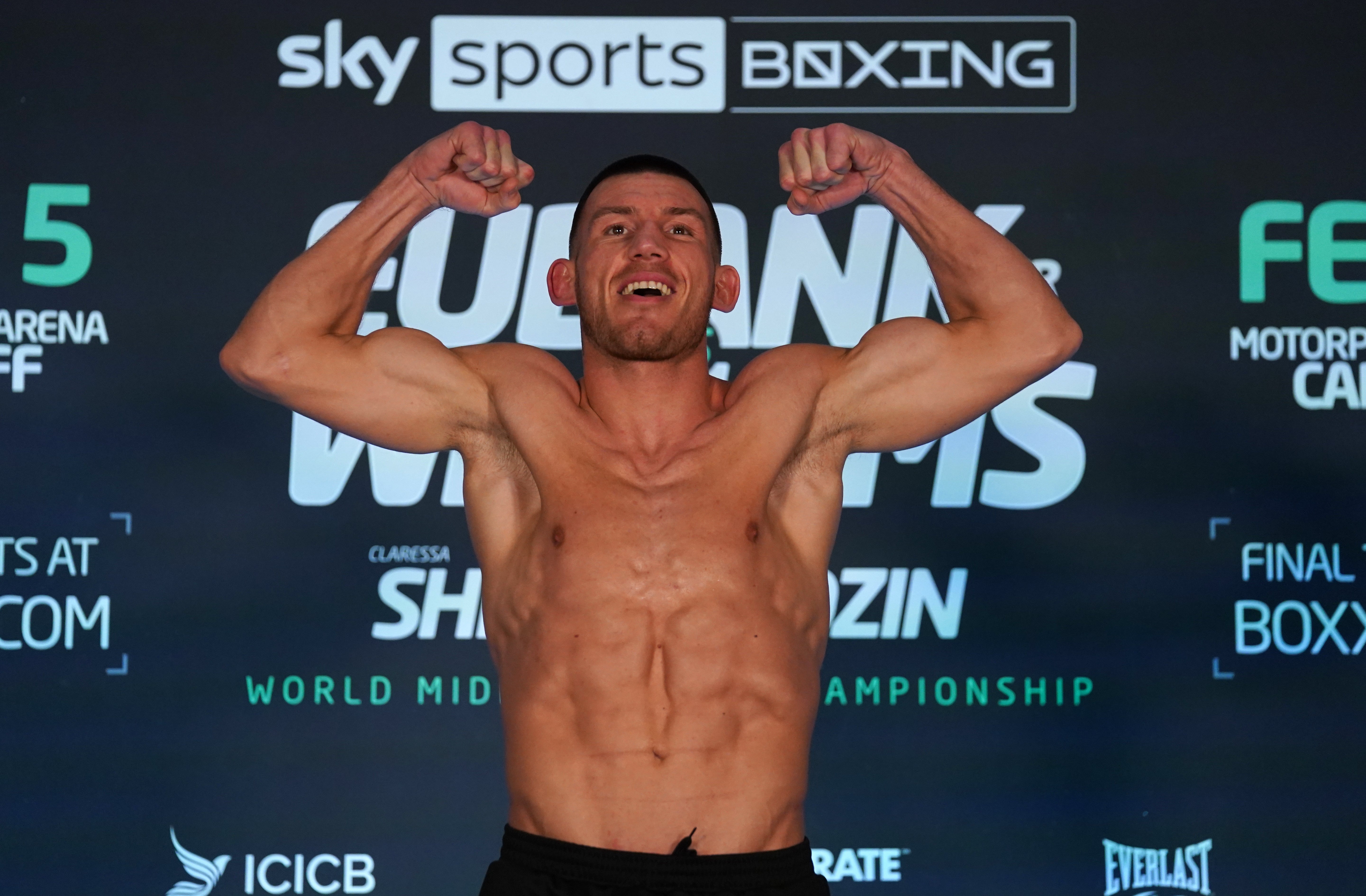 Liam Williams shows off his physique in front of his Welsh fans at the weigh-in for his fight with Chris Eubank Jr (Nick Potts/PA)