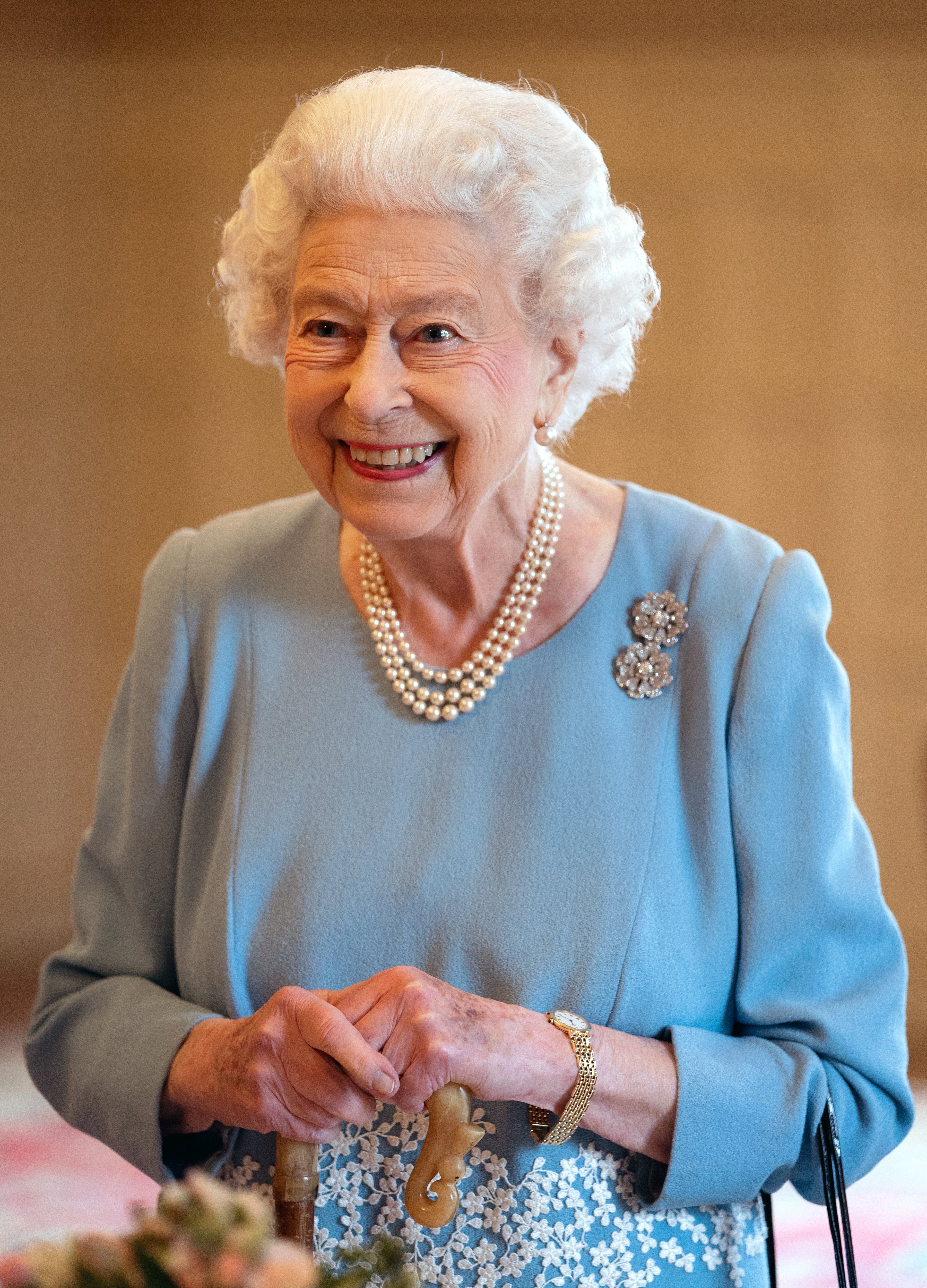 Queen Elizabeth II during a reception in the Ballroom of Sandringham House, which is the Queen’s Norfolk residence, with representatives from local community groups to celebrate the start of the Platinum Jubilee. (Joe Giddens/PA)