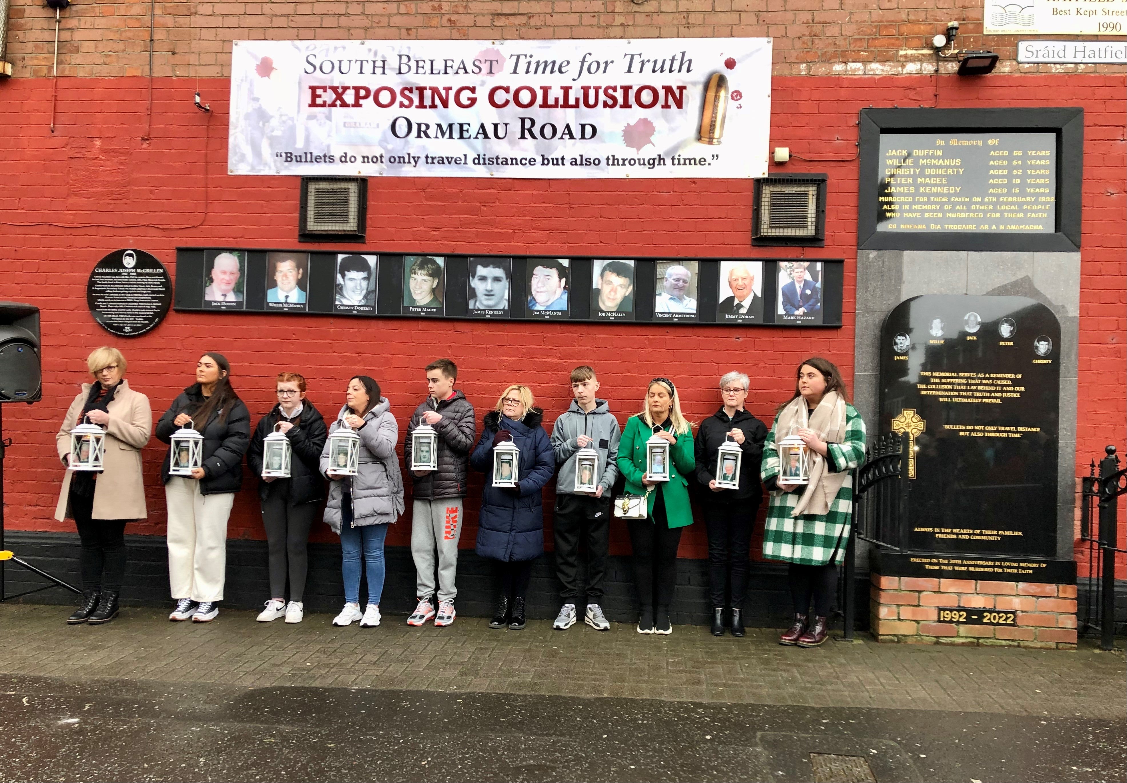 Relatives of the victims of the Ormeau Road bookies atrocity mark the 30th anniversary of the attack (David Young/PA)