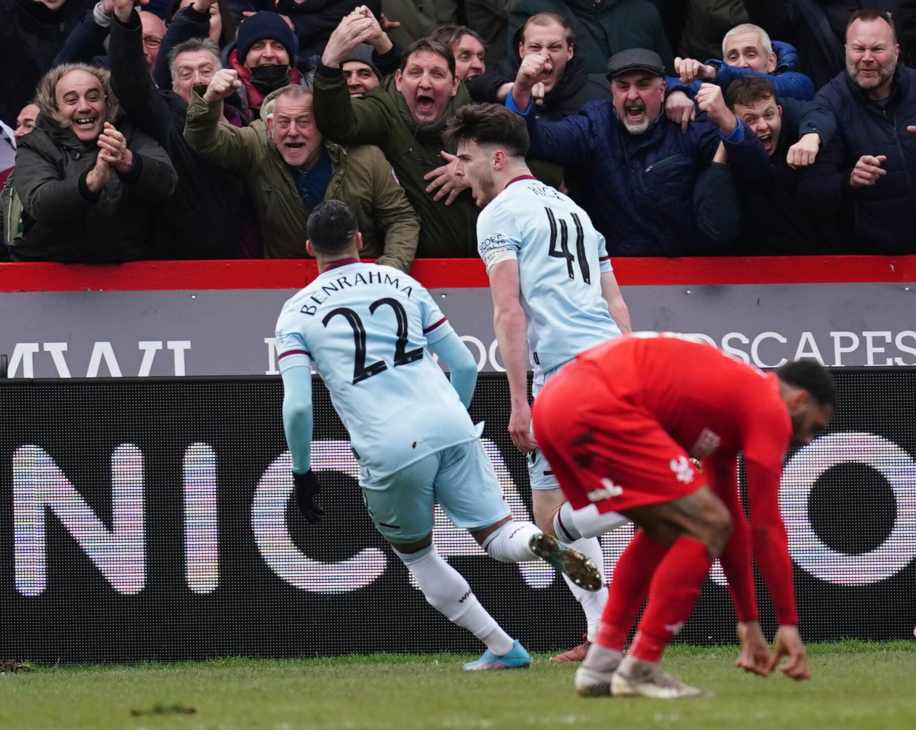 West Ham’s Declan Rice (centre) celebrates against Kidderminster (David Davies/PA).