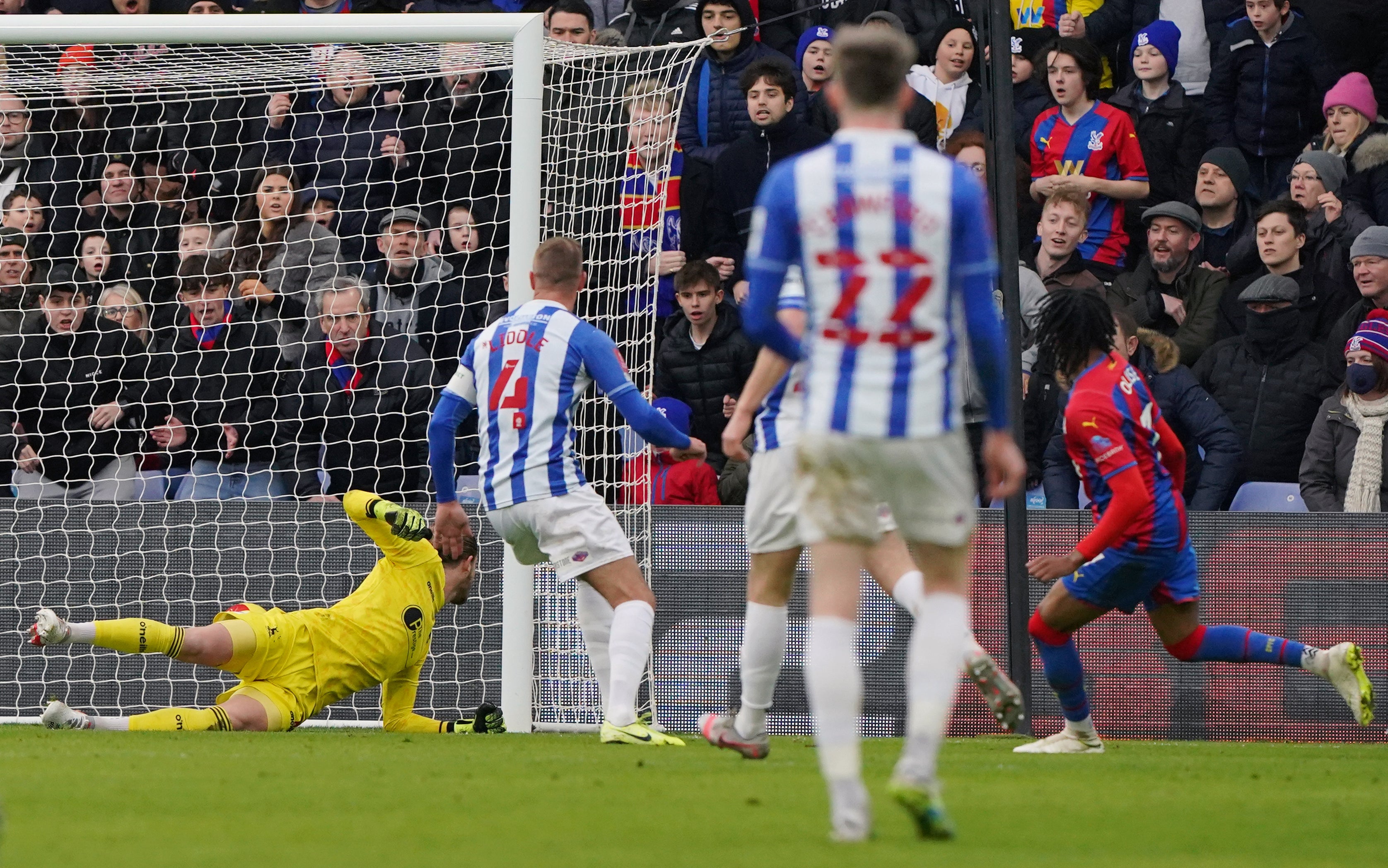 Michael Olise scores in Crystal Palace’s 2-0 win over Hartlepool (Jonathan Brady/PA)