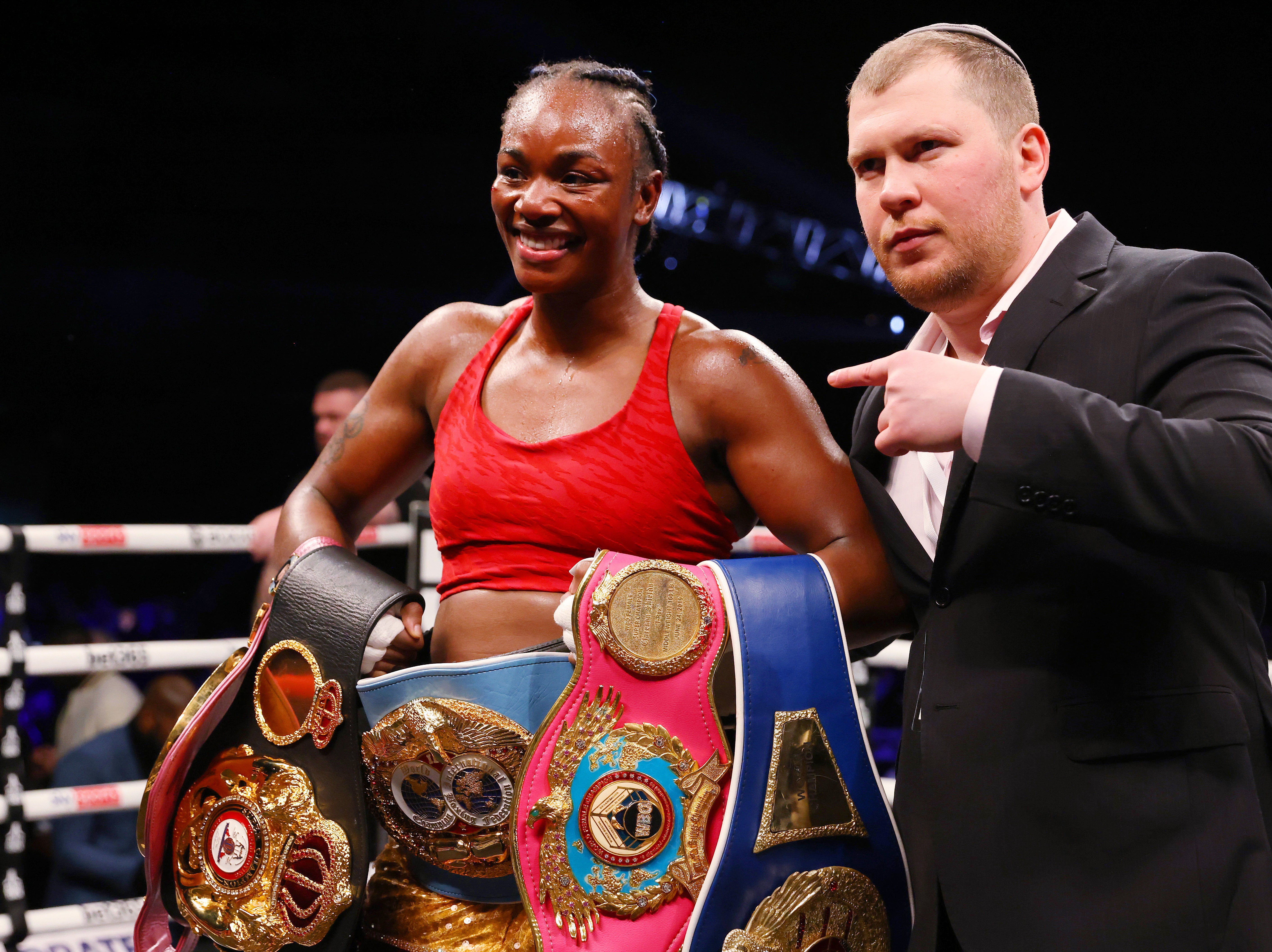 Claressa Shields celebrates her victory over Ema Kozin in Cardiff