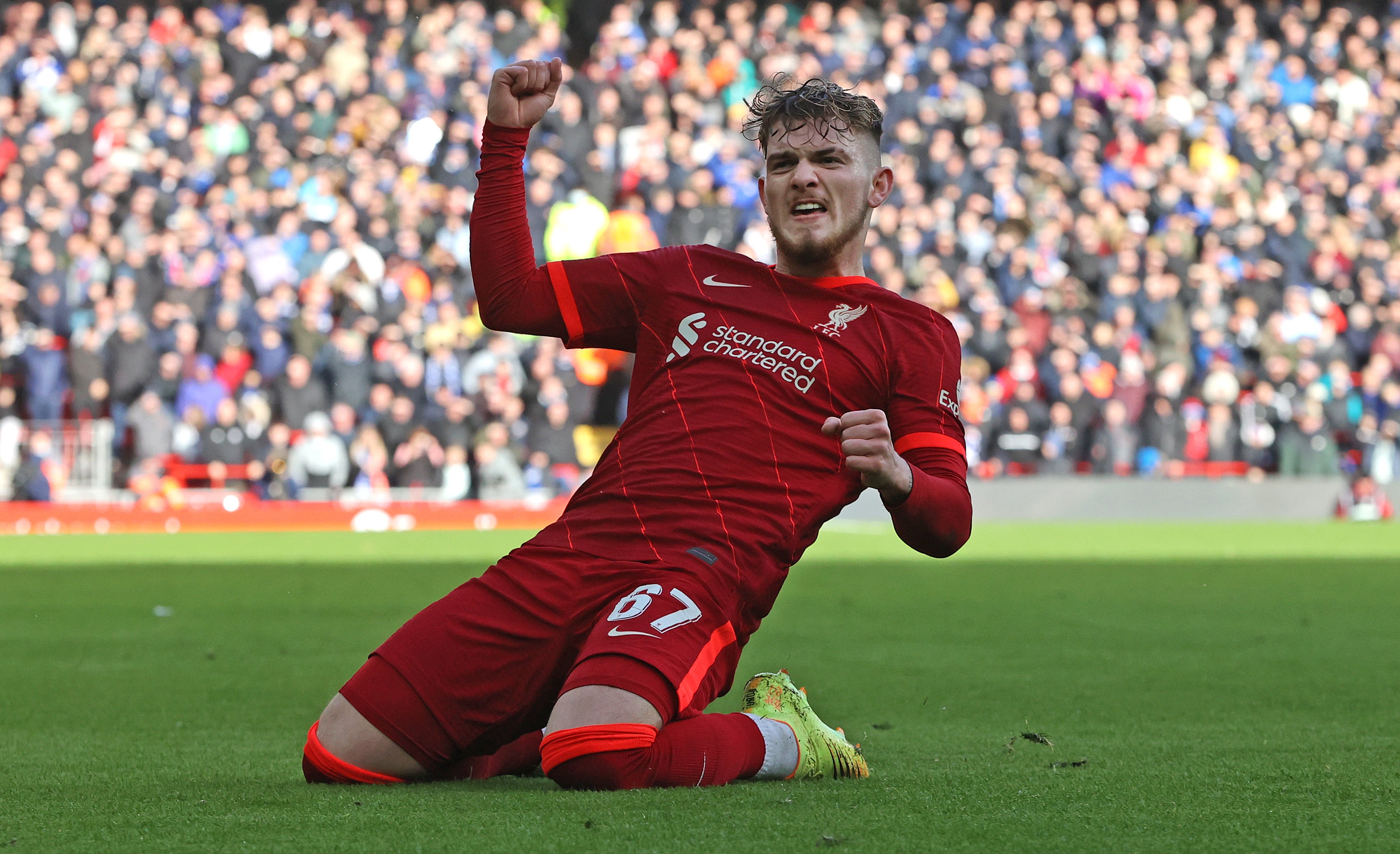 Harvey Elliott celebrates his first Liverpool goal after a five-month injury lay-off