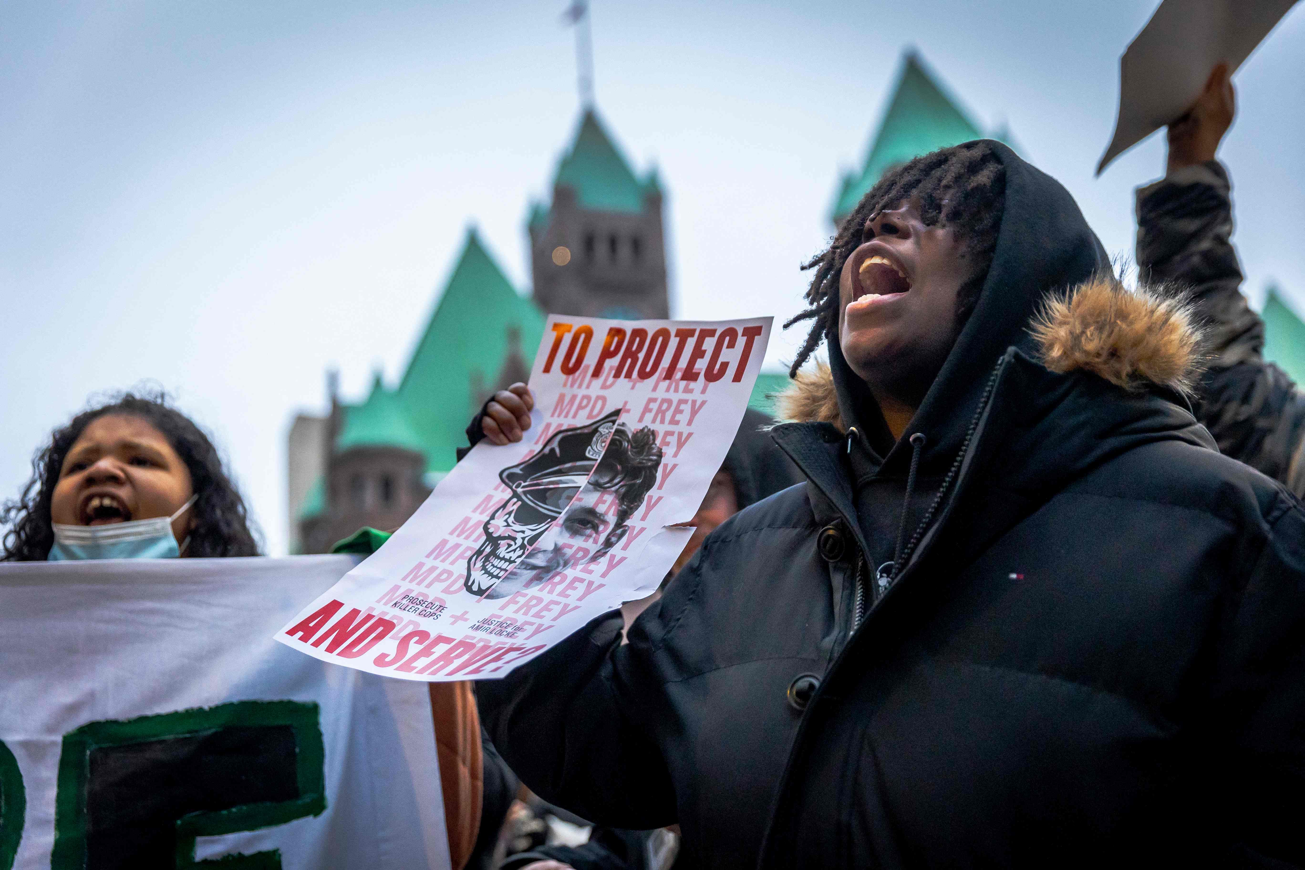 A demonstrator chants Amir Locke's name during a rally in protest of his killing, outside the Hennepin County Government Center in Minneapolis, Minnesota on February 5, 2022