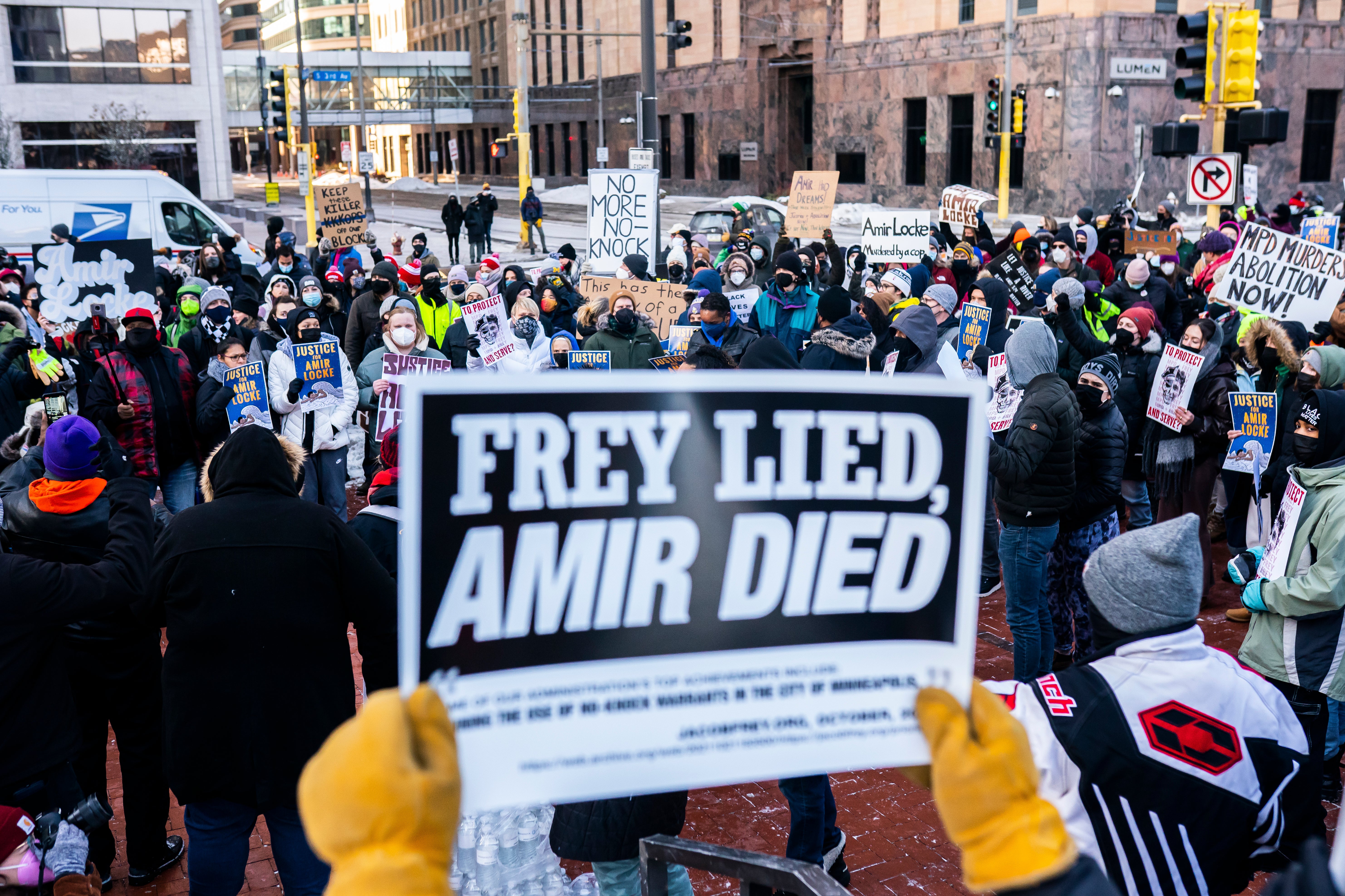 Protesters gather ahead of a racial justice march for Amir Locke on February 5, 2022 in Minneapolis, Minnesota