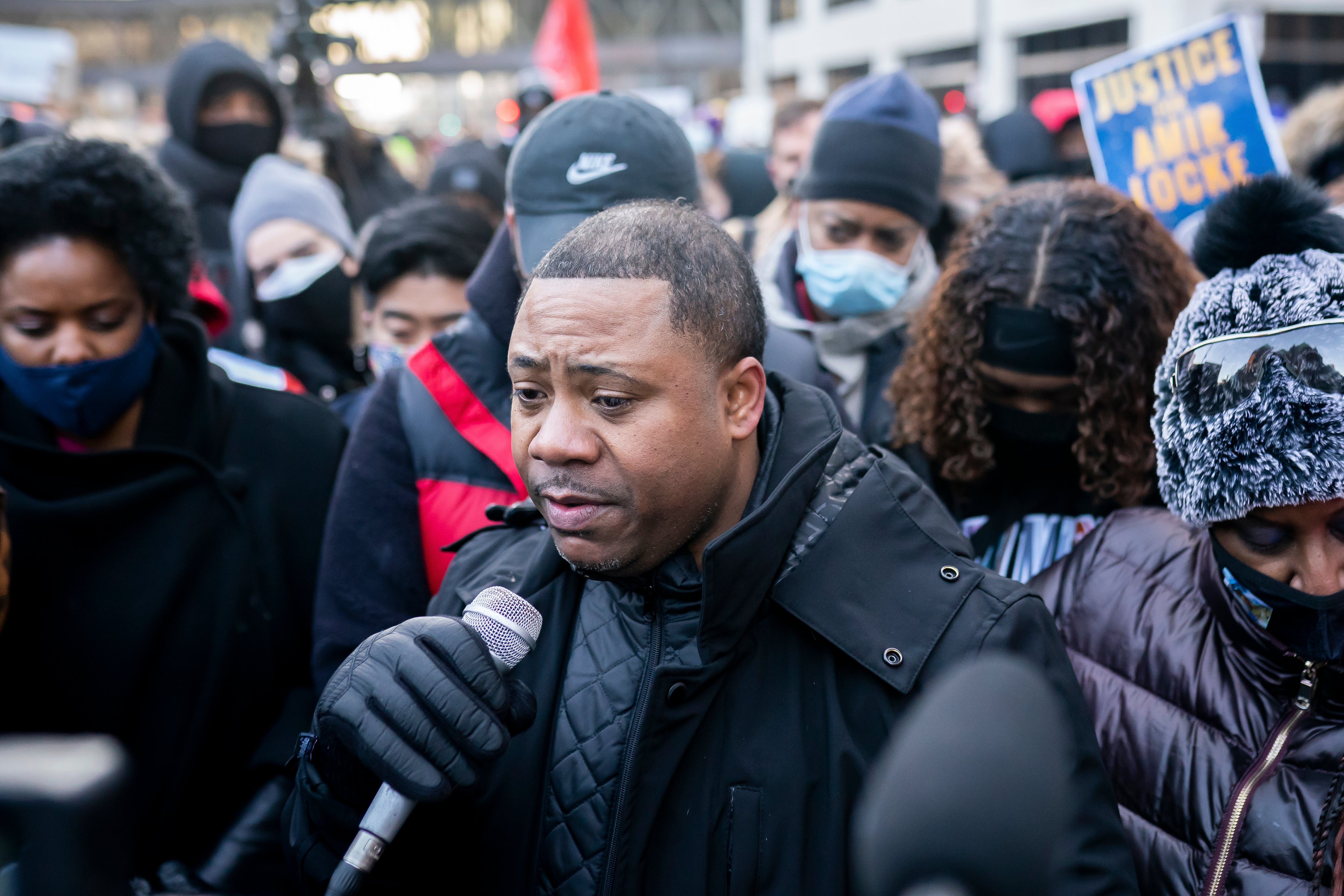 Andre Locke, father of Amir Locke, speaks at a racial justice march on February 5, 2022 in Minneapolis, Minnesota