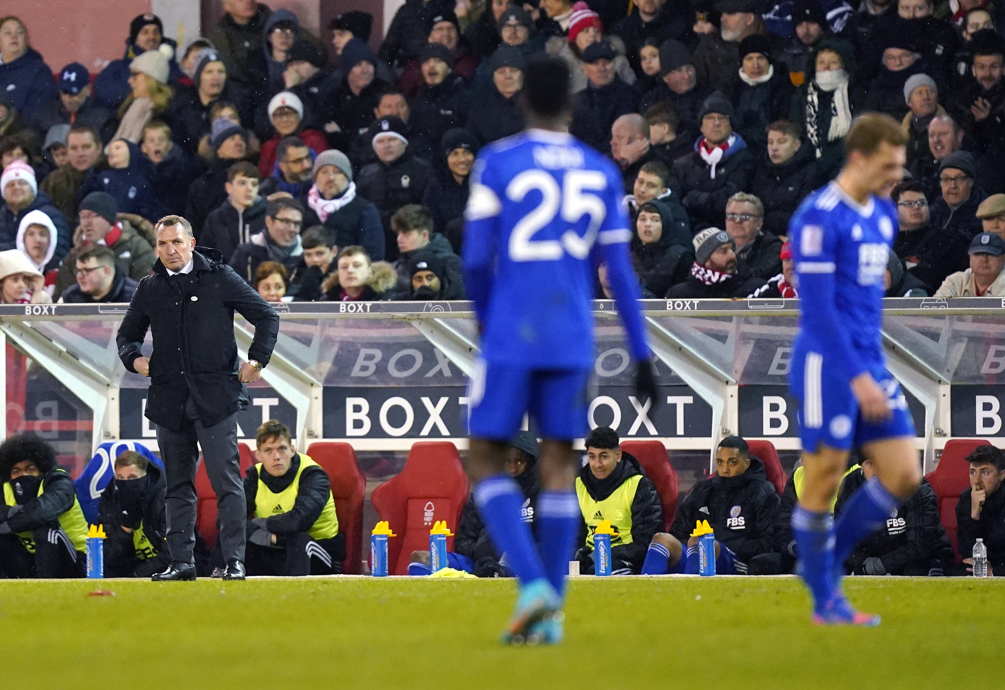 Brendan Rodgers, left, looks on in dismay as his side are torn apart by Nottingham Forest (Mike Egerton/PA)