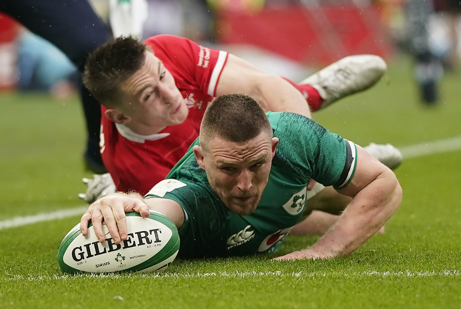 Ireland’s Andrew Conway touches down during his side’s 29-7 Six Nations victory over Wales at the Aviva Stadium (Niall Carson/PA)