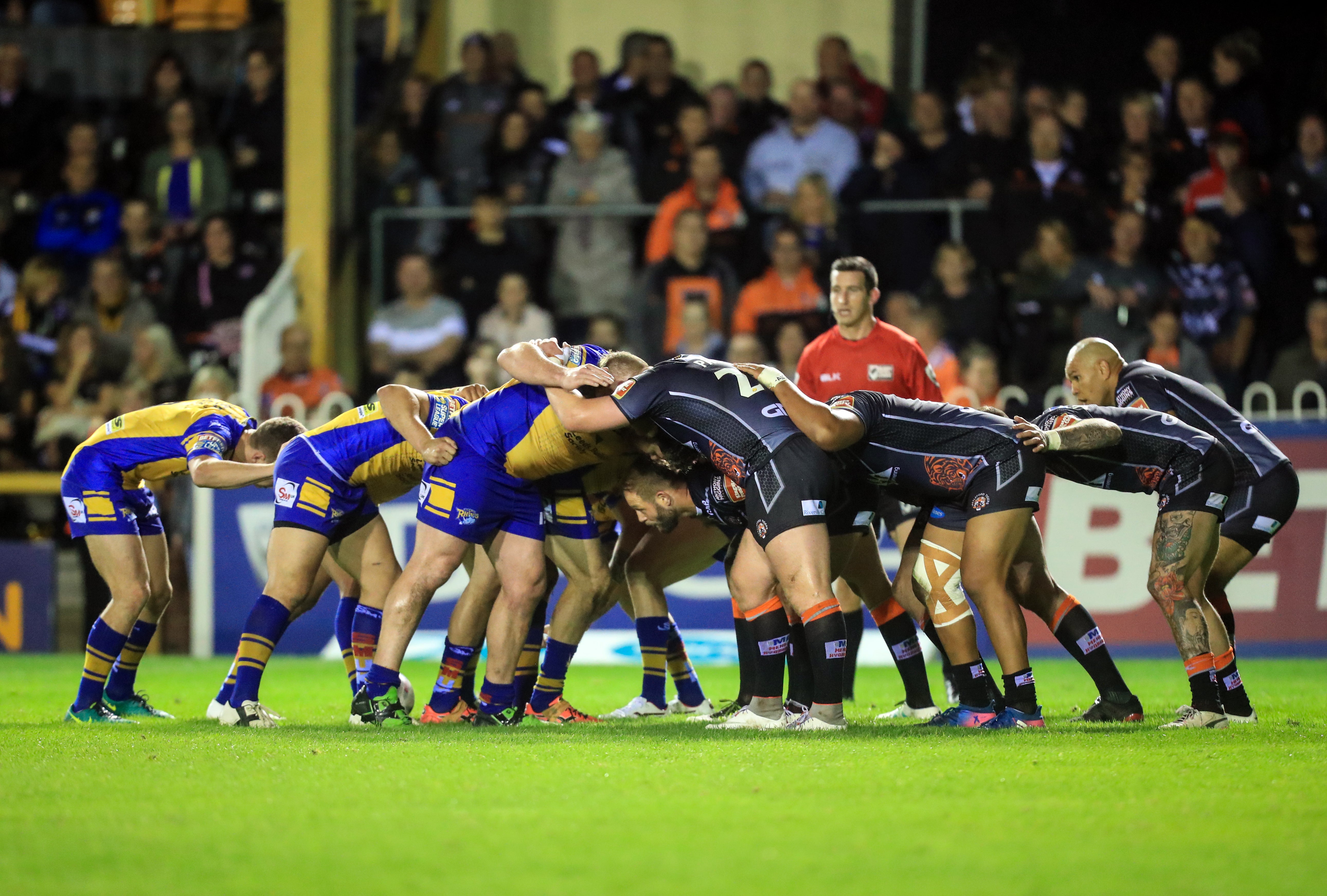 Castleford Tigers and Leeds Rhinos contest a scrum during Super 8s match at the Mend-A-Hose Jungle (Danny Lawson/PA)