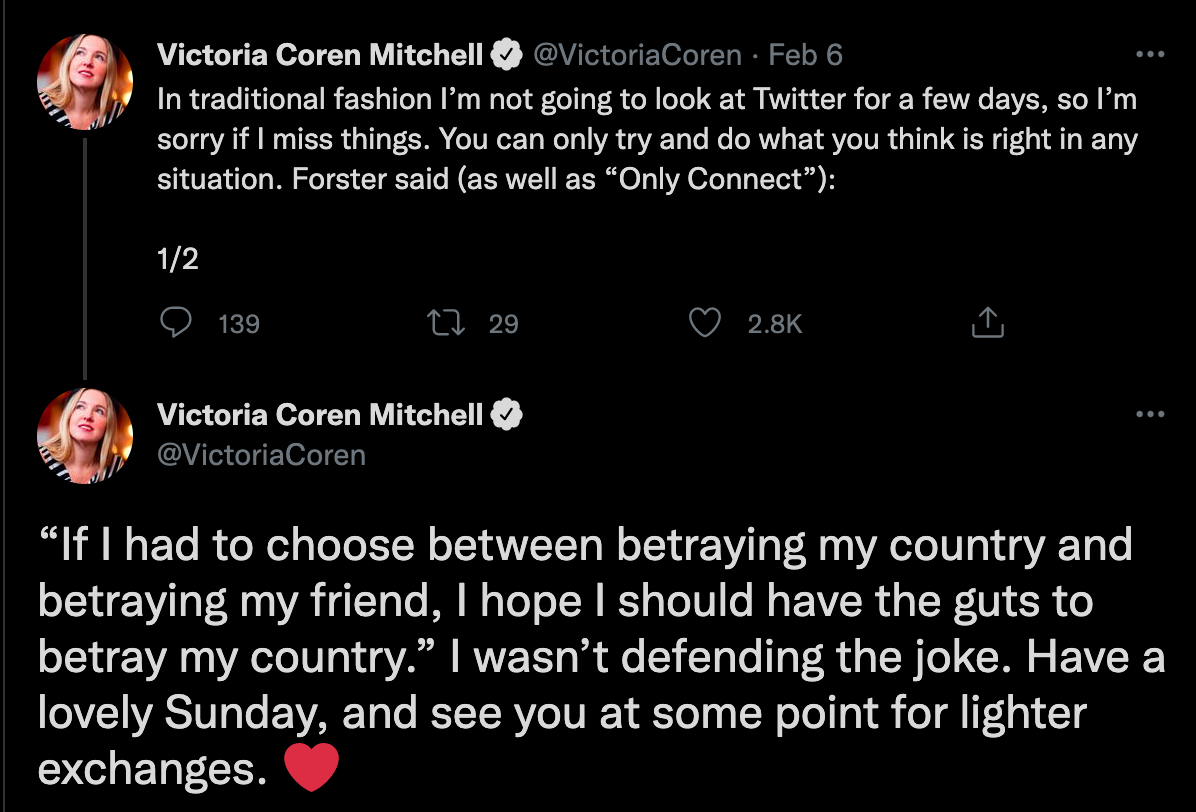 Victoria Coren Mitchell addressed backlash to her Jimmy Carr support on Twitter