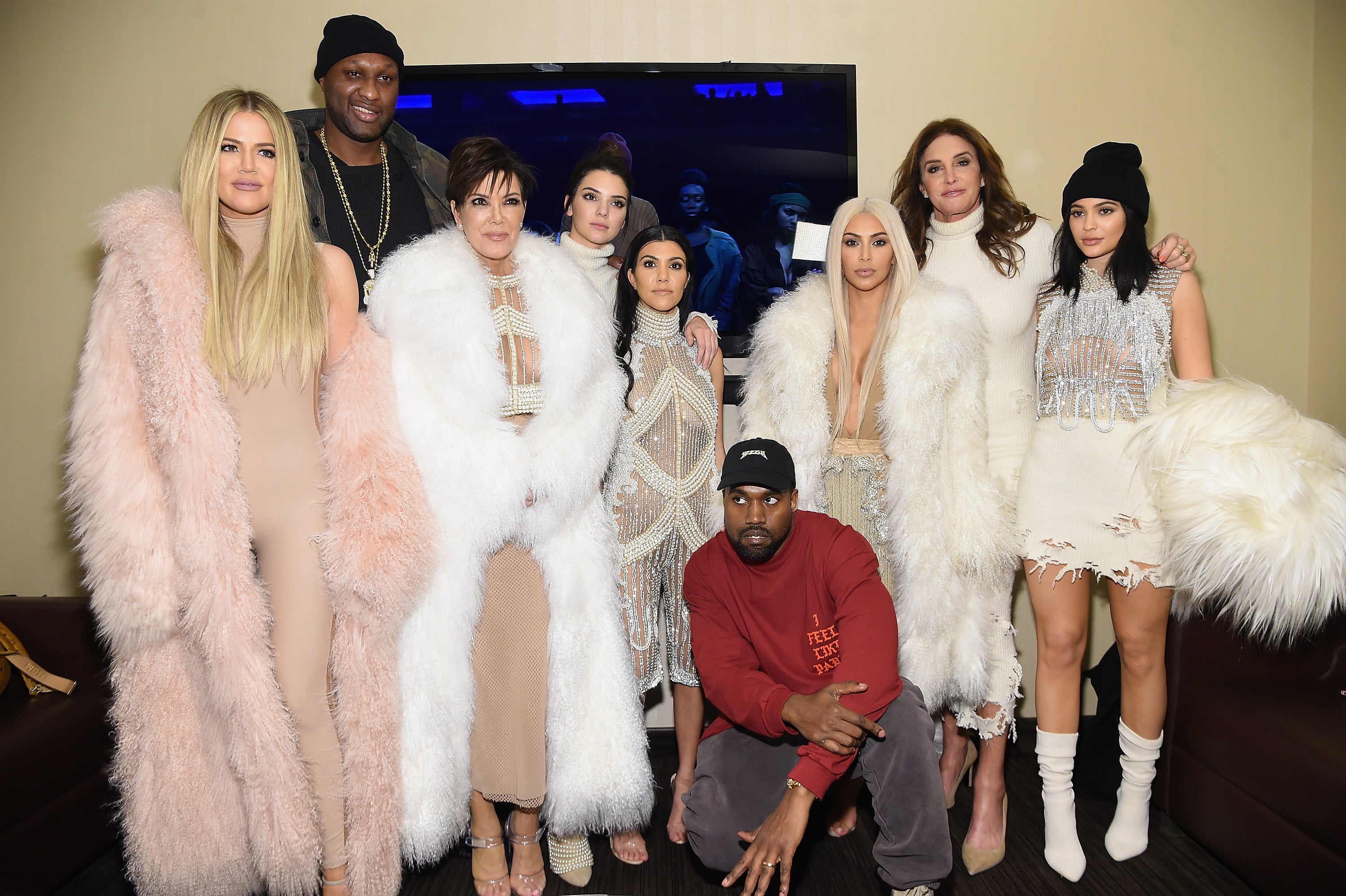 (L-R) Khloe Kardashian, Lamar Odom, Kris Jenner, Kendall Jenner, Kourtney Kardashian, Kanye West, Kim Kardashian, Caitlin Jenner and Kylie Jenner attend Kanye West Yeezy Season 3