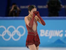 Chinese figure skater left in tears after falling for second time during Winter Olympics