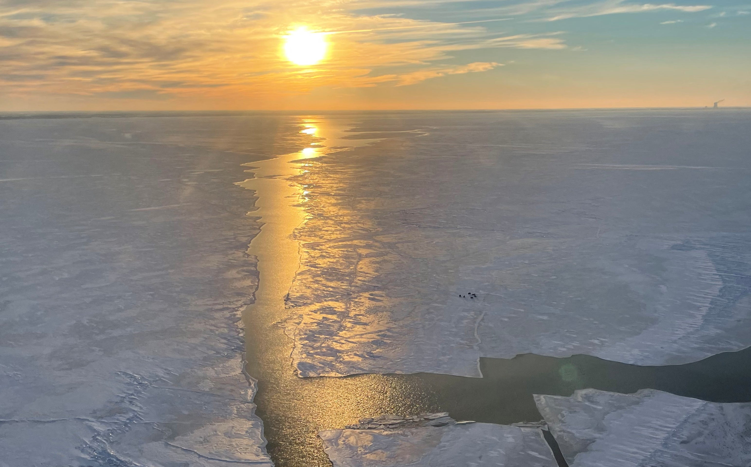 An aerial view of people trapped near Catawba island after they got stranded by an ice break in Lake Erie, in Port Clinton, Ohio, United States February 6, 2022