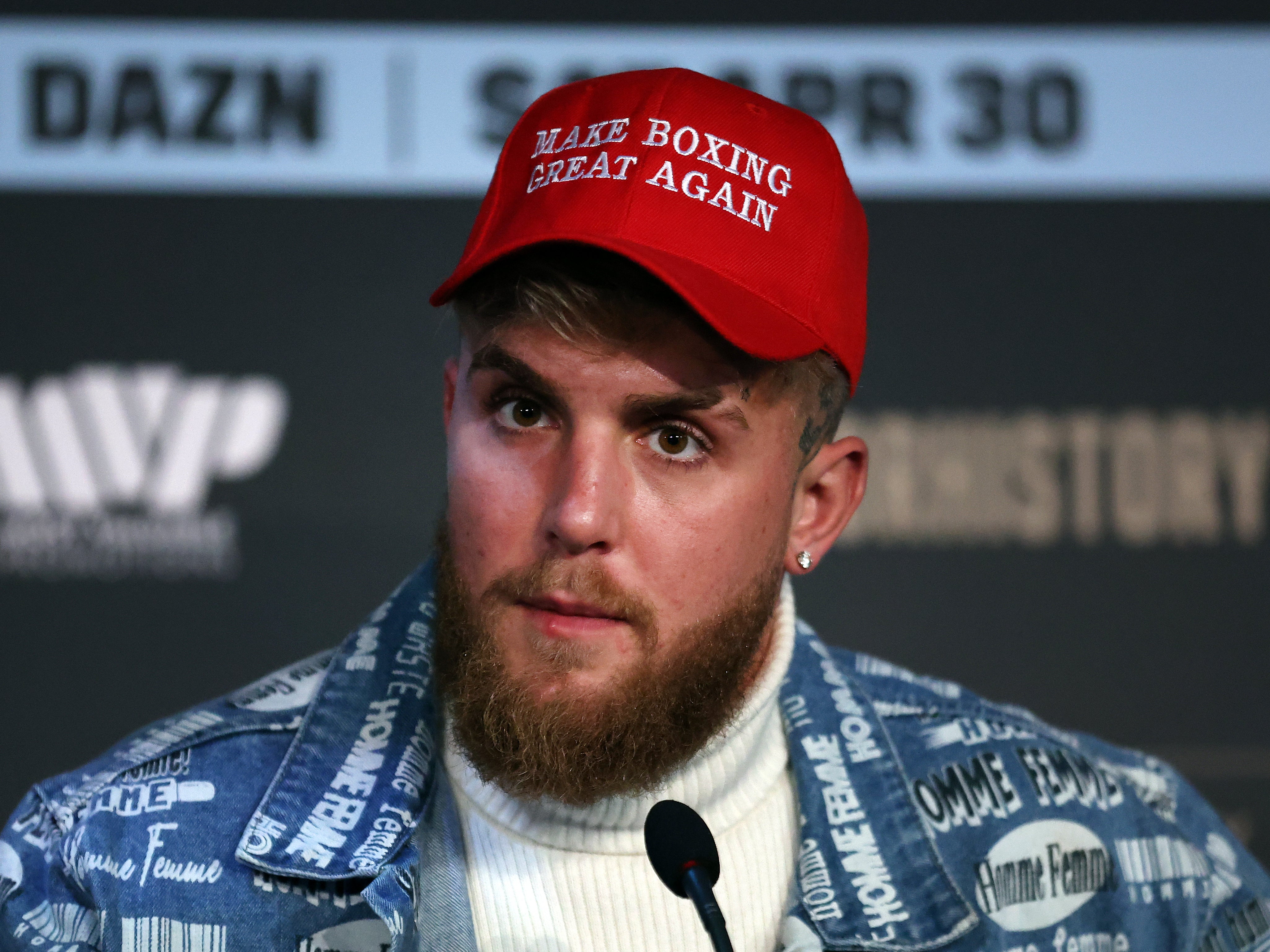 Jake Paul speaking at a press conference in London