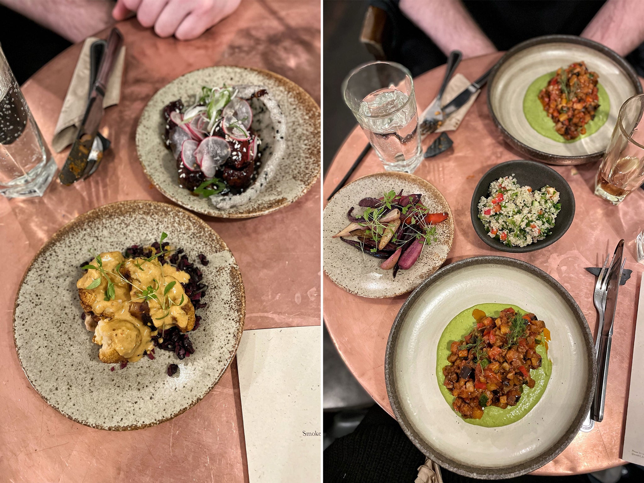 The cauliflower and Chinatown potatoes on the left, led beautifully to the mains, ratatouille and basil puree, on the right