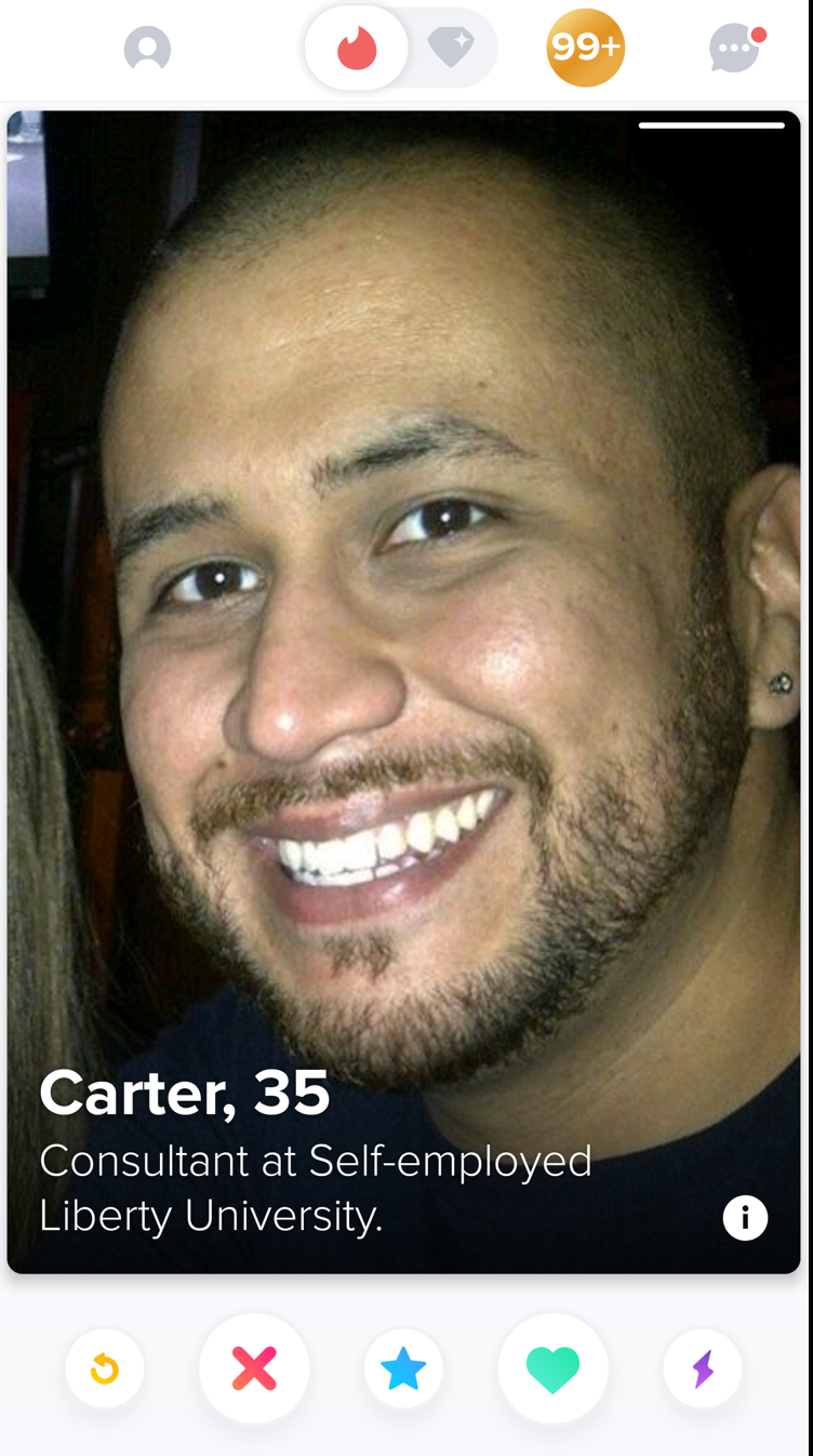 George Zimmerman set up a Tinder profile under the name ‘Carter’, before it was removed by the platform citing safety concerns