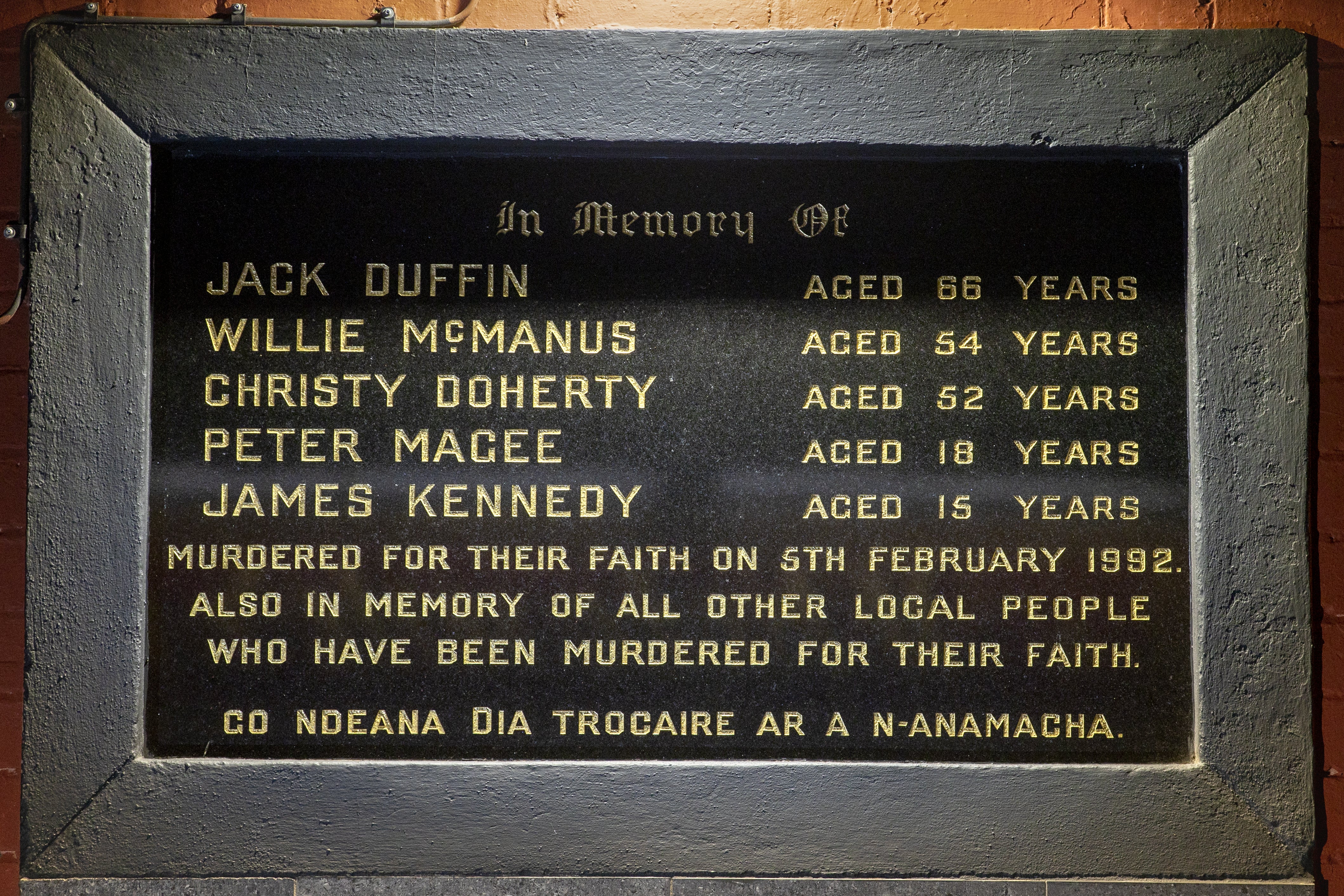 A memorial on Ormeau Road in Belfast to Jack Duffin, William McManus, Chirsty Doherty, Peter Magee, and James Kennedy, who were killed during the attack at Sean Graham bookmakers in 1992 by loyalist paramilitary group the Ulster Defence Association (Liam McBurney/PA)