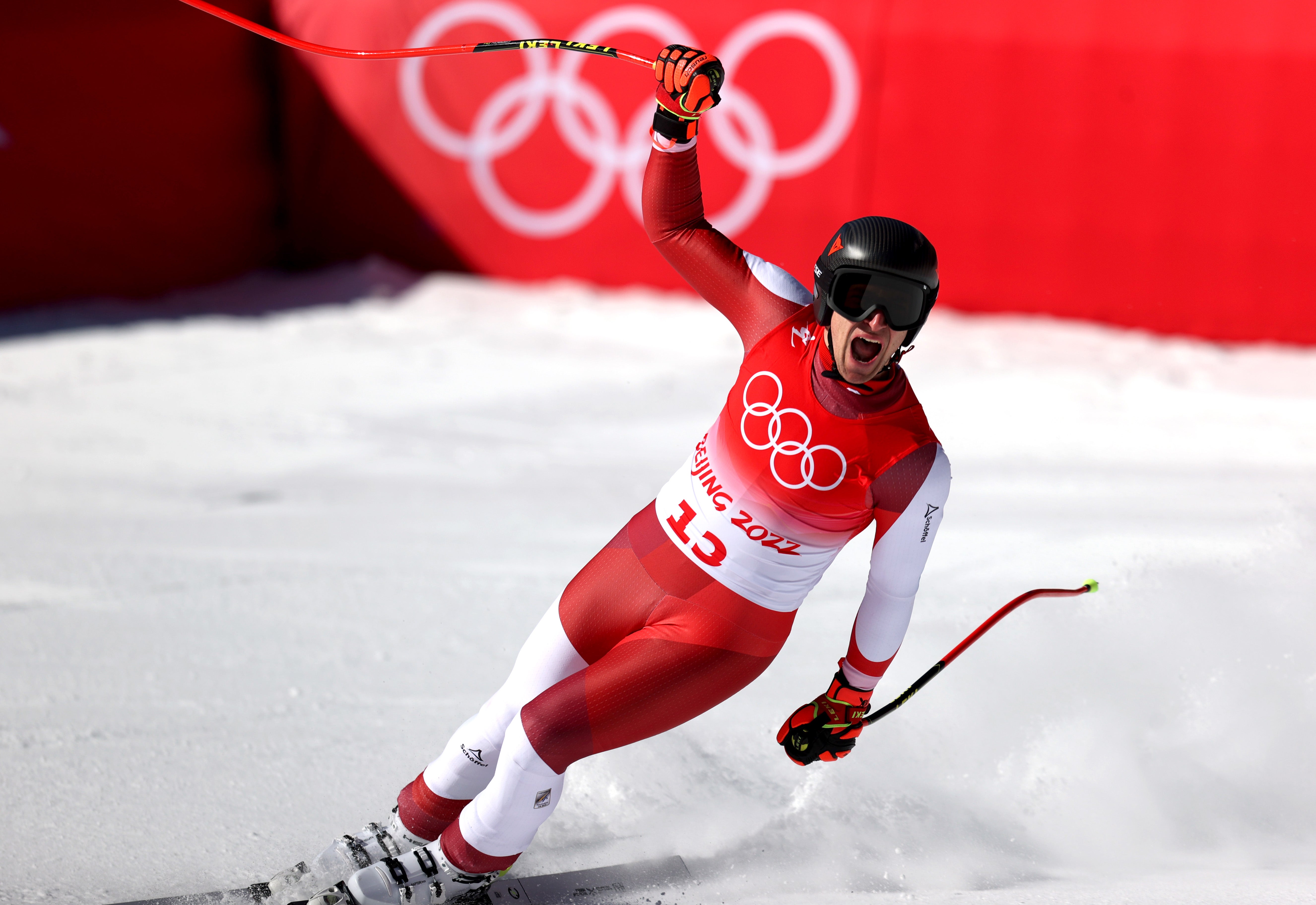 Matthias Mayer of Team Austria reacts following his run during the Men's Super-G at Beijing 2022