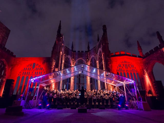 <p>The choir performs during a Ghosts in the Ruins dress rehearsal at Coventry cathedral</p>