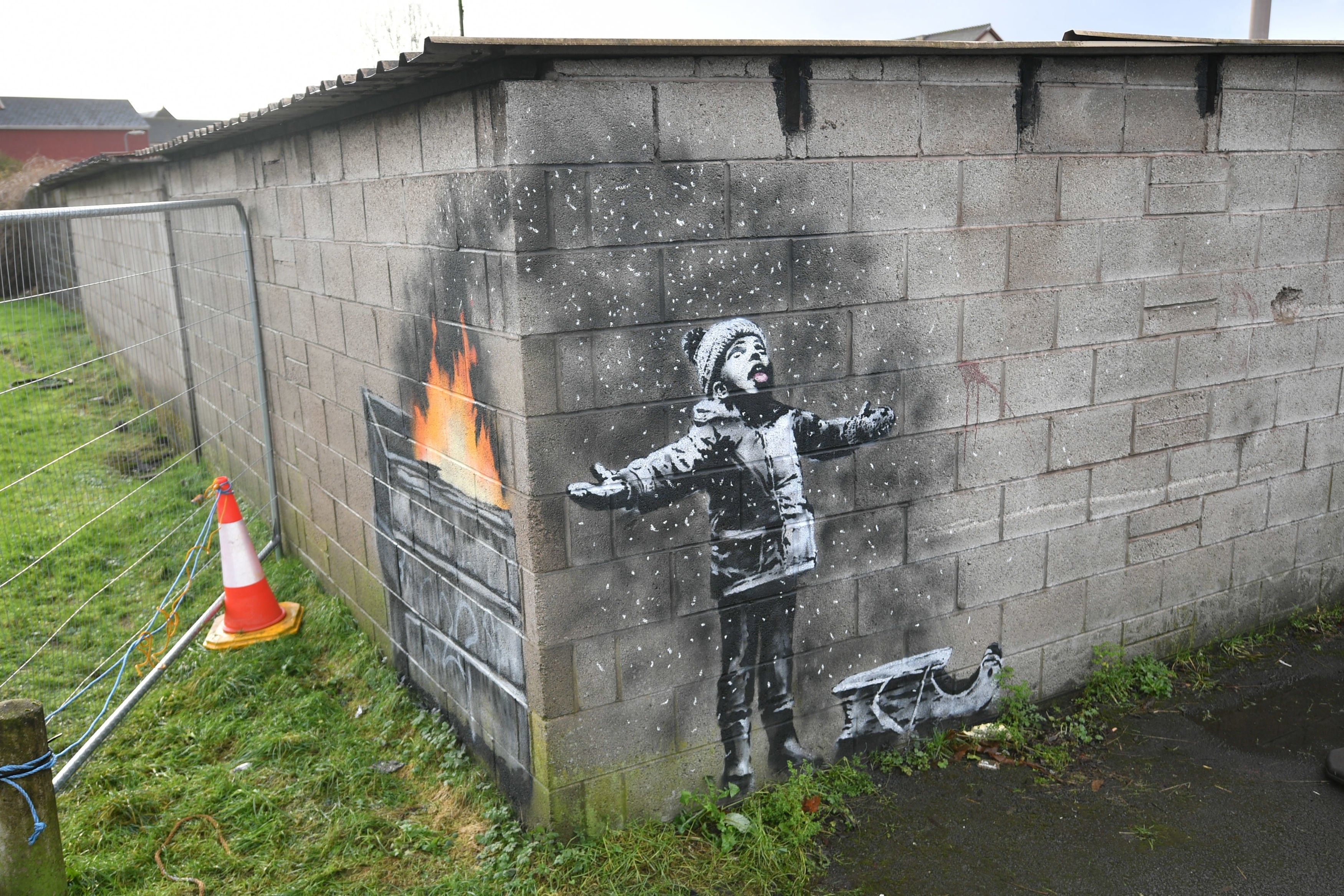 Banksy’s Season’s Greetings appeared on a private garage in Port Talbot in December 2018