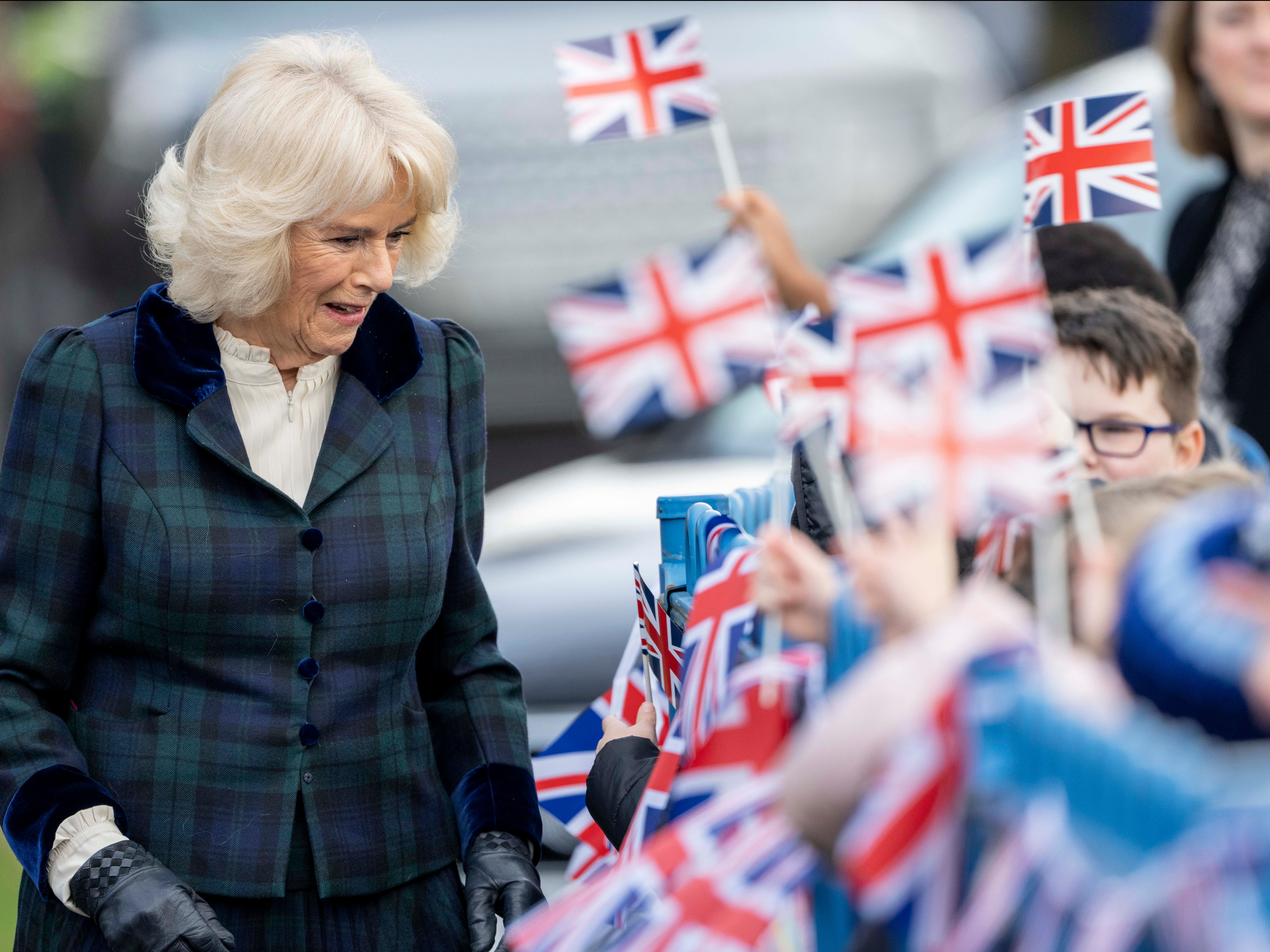 Camilla, Duchess of Cornwall, Patron, St. Johns Foundation, visits Roundhill Primary School on February 8, 2022 in Bath