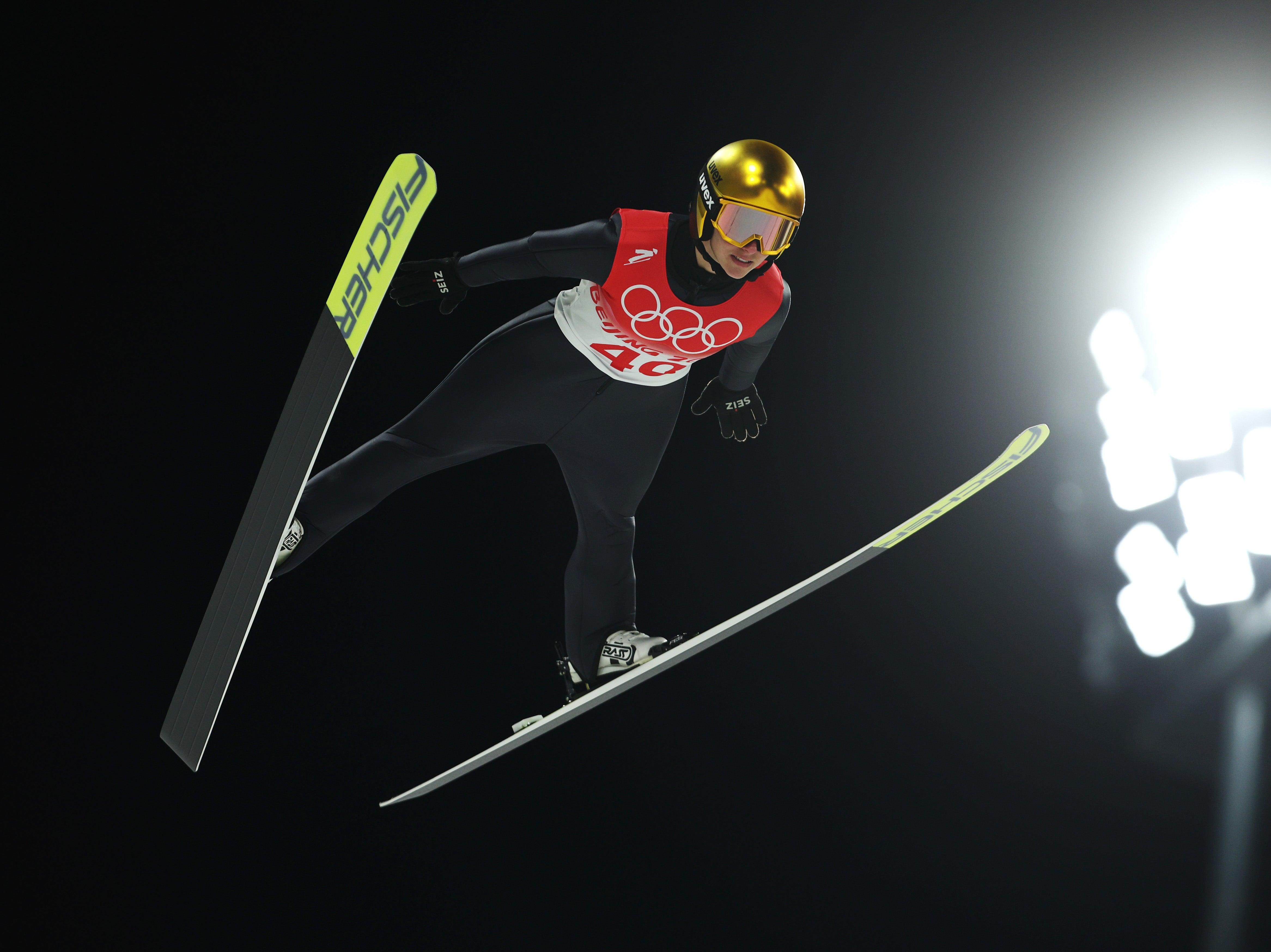 <p>Katharina Althaus of Team Germany jumps during Women's Normal Hill Individual 1st Round at National Ski Jumping Centre on February 05, 2022 in Zhangjiakou, China</p>