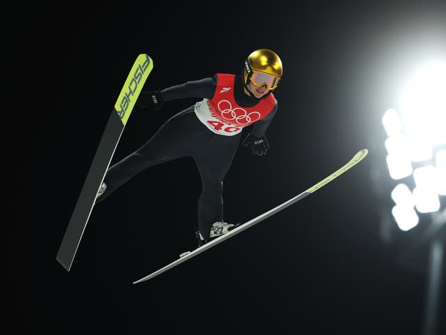 <p>Katharina Althaus of Team Germany jumps during Women's Normal Hill Individual 1st Round at National Ski Jumping Centre on February 05, 2022 in Zhangjiakou, China</p>